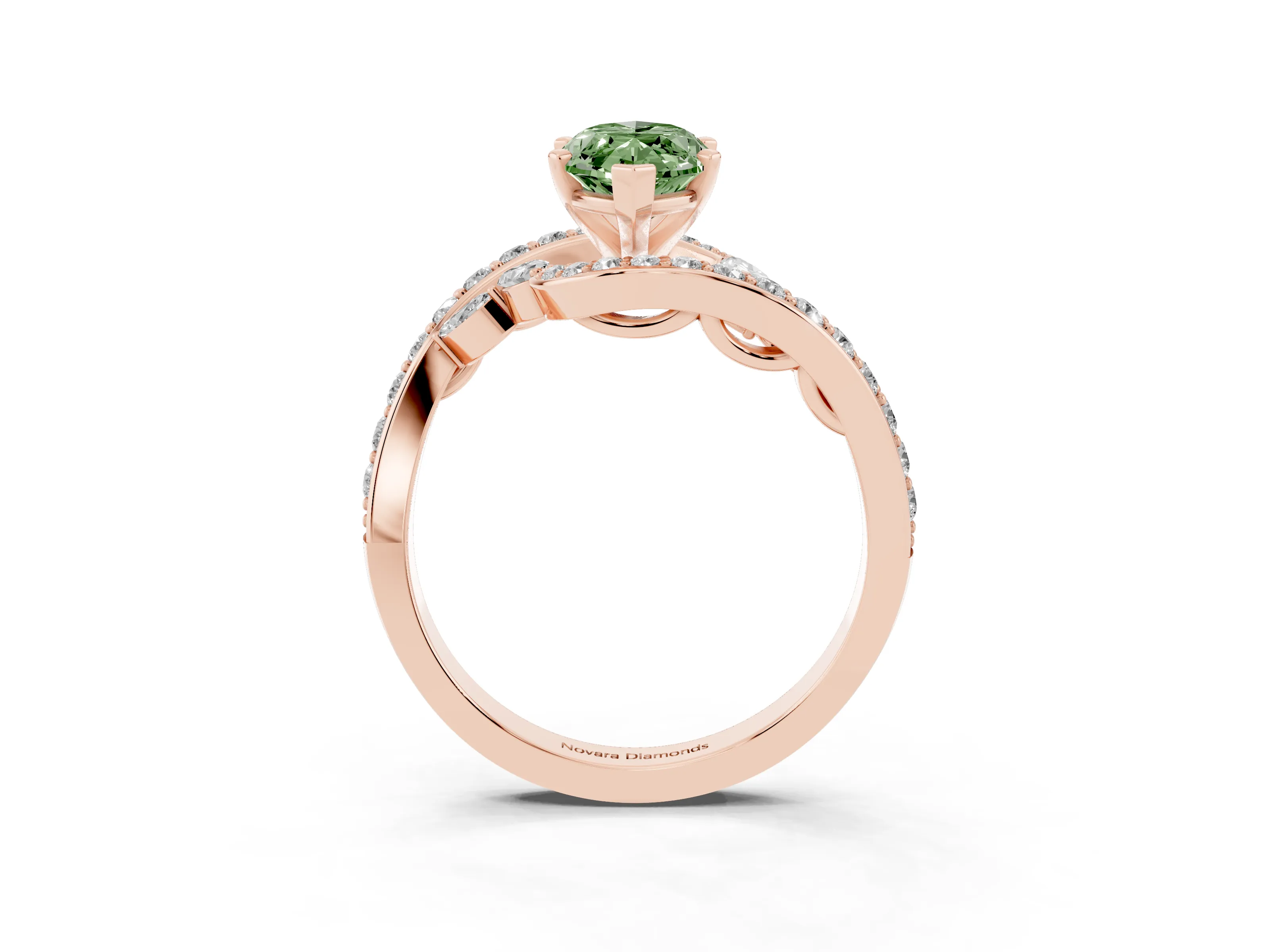 Fancy Green Marquise Cut Diamond Solitaire Ring Set in Rose gold with Pavé Twist Band and Secure Prong Setting