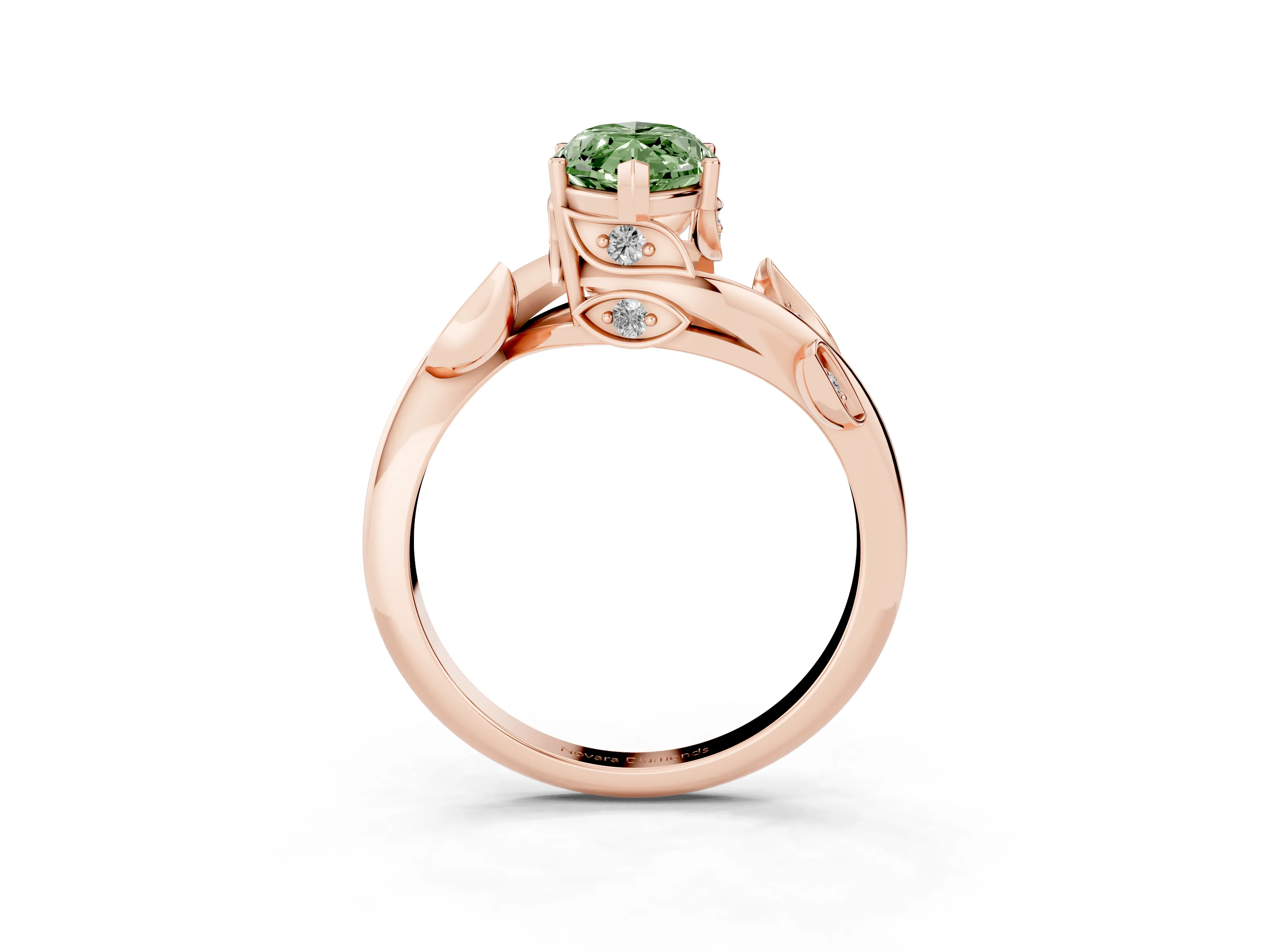 Fancy Green Marquise Cut Diamond Solitaire Twist Engagement Ring Set in Rose gold with Pavé Leaf Accents