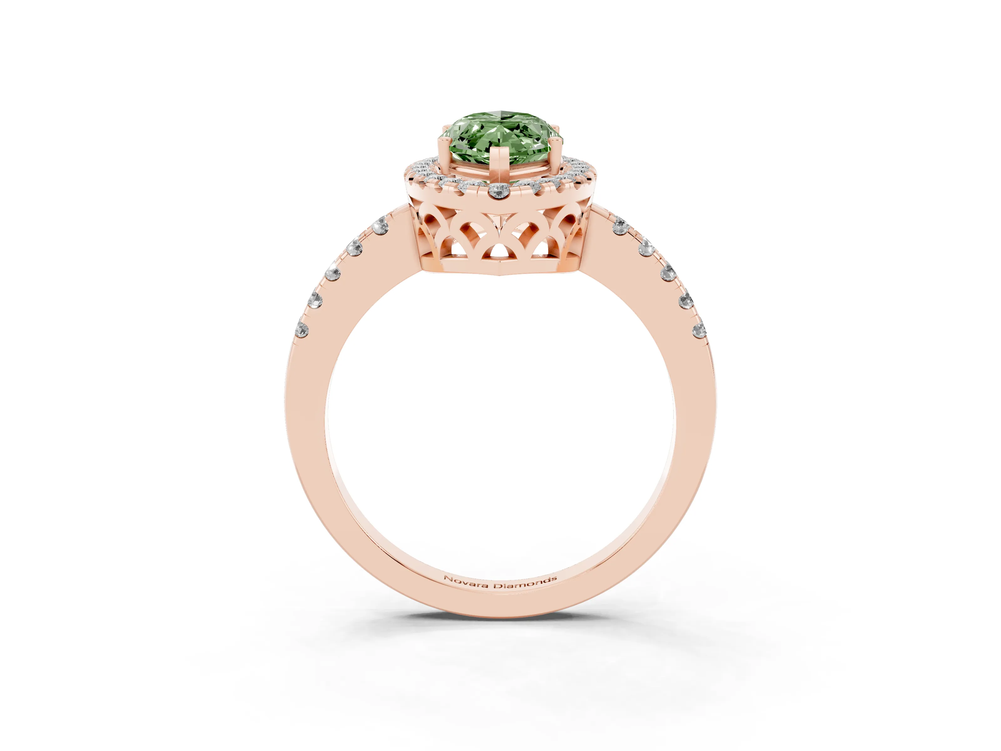 Fancy Green Marquise Cut Diamond Pavé Band Halo Engagement Ring Set in Rose gold with Prong Setting