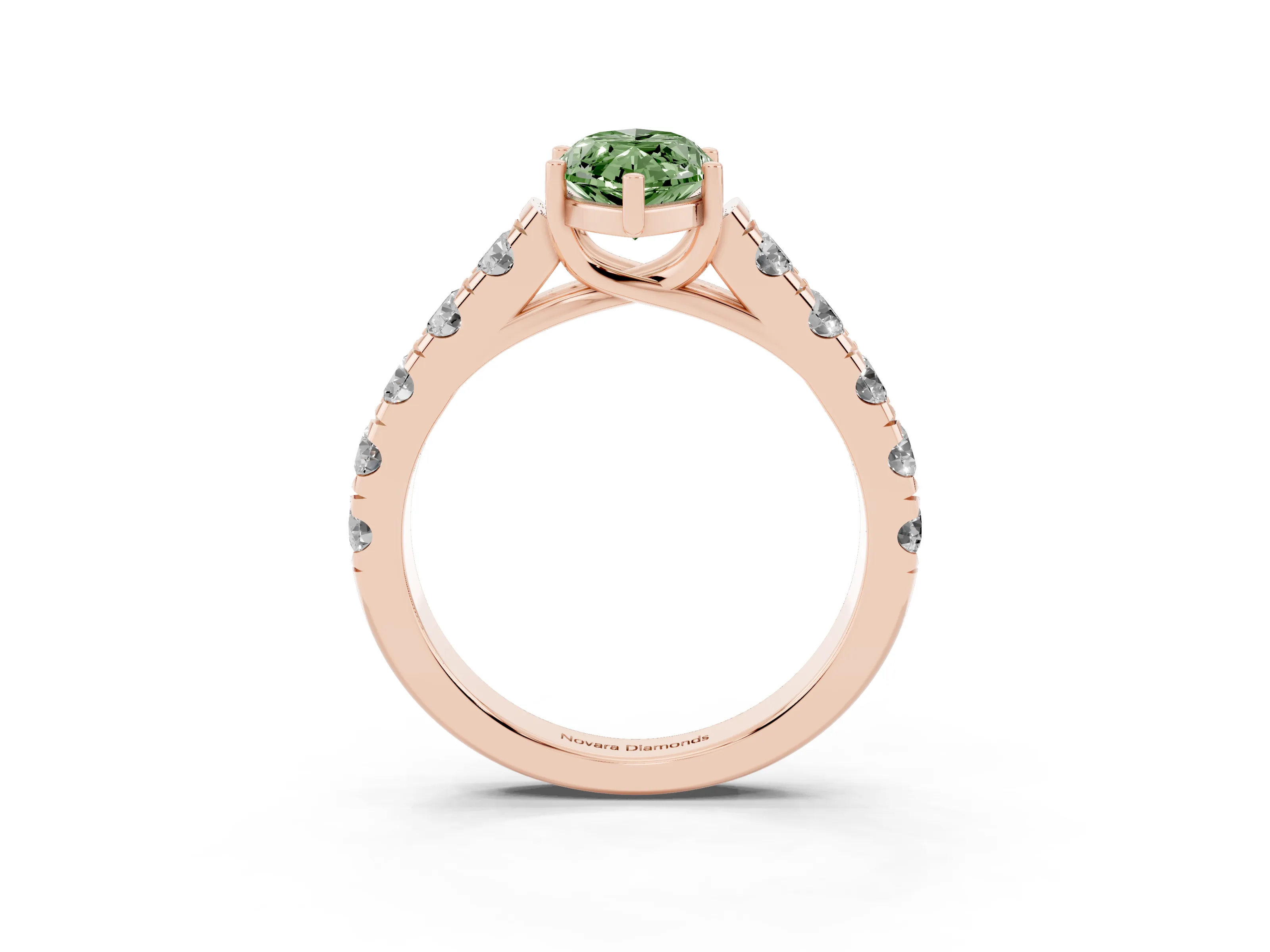 Fancy Green Marquise Cut Diamond Solitaire Ring Set in Rose gold with Cut-Down Micro Pavé Band and Prong Setting