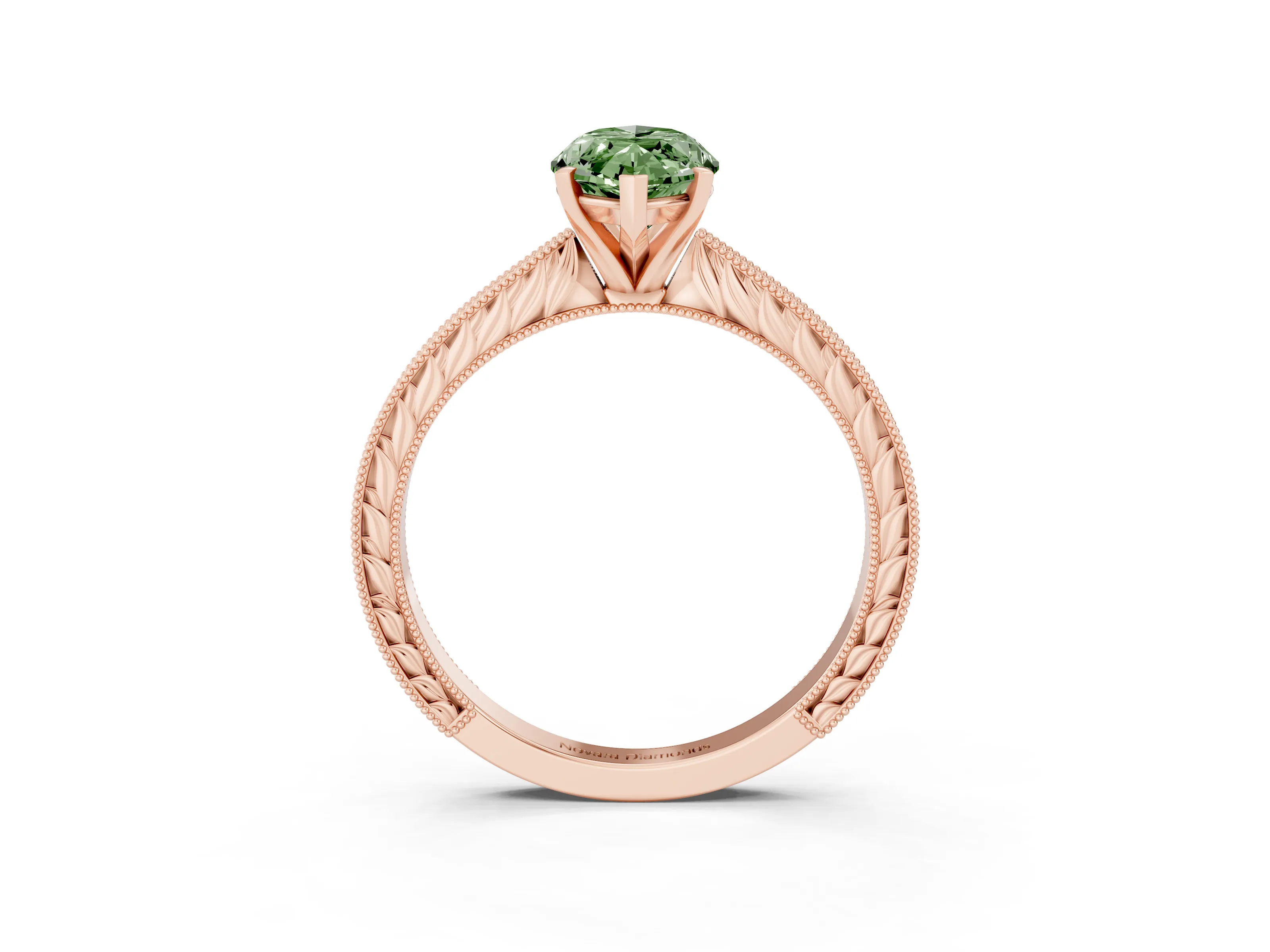 Fancy Green Marquise Cut Diamond Solitaire Milgrain Engraved Band Set in Rose gold with Prong Setting