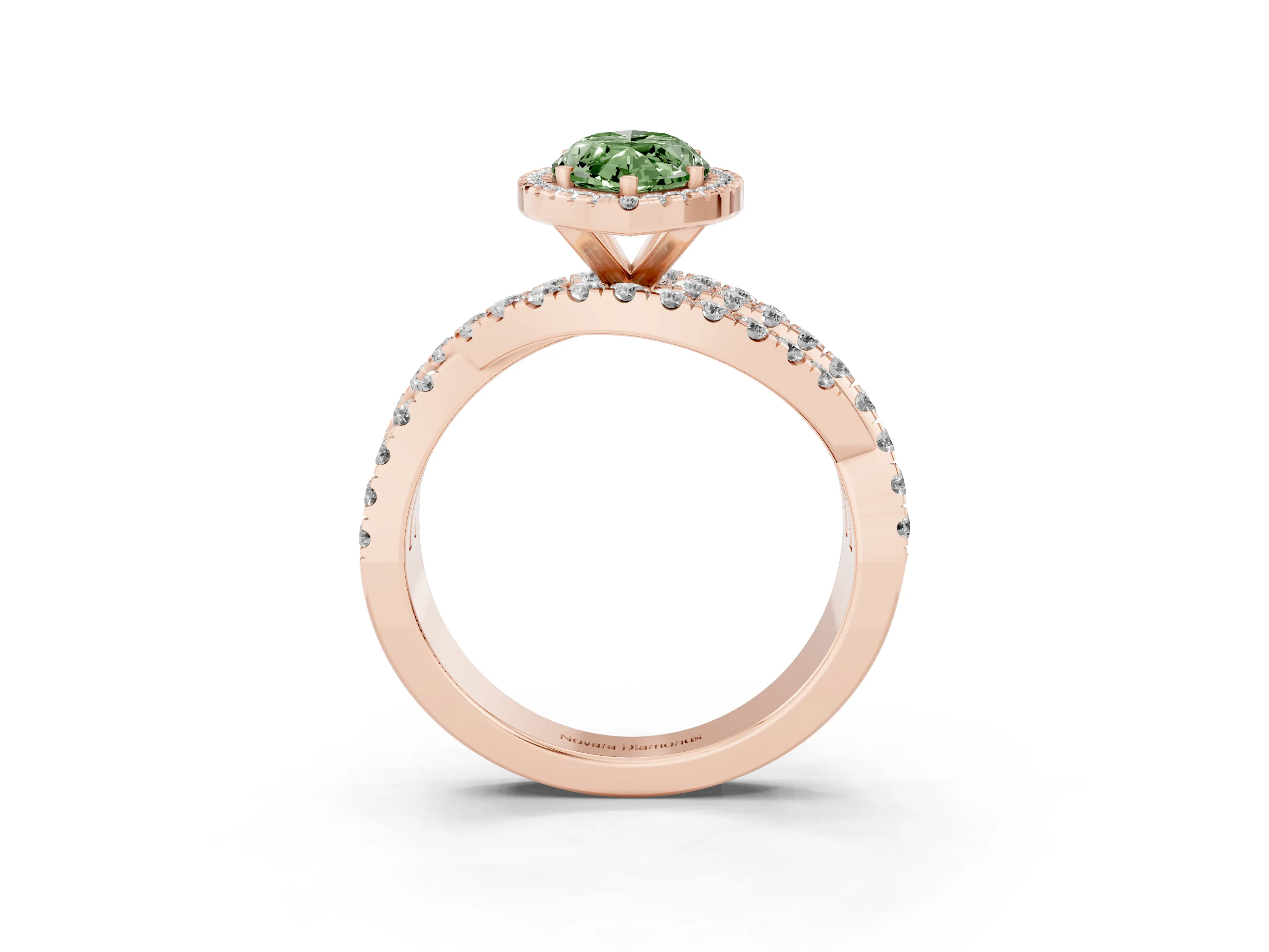 Fancy Green Marquise Cut Diamond Halo Ring Set in Rose gold with Round Crossover Split Shank and Prong Setting