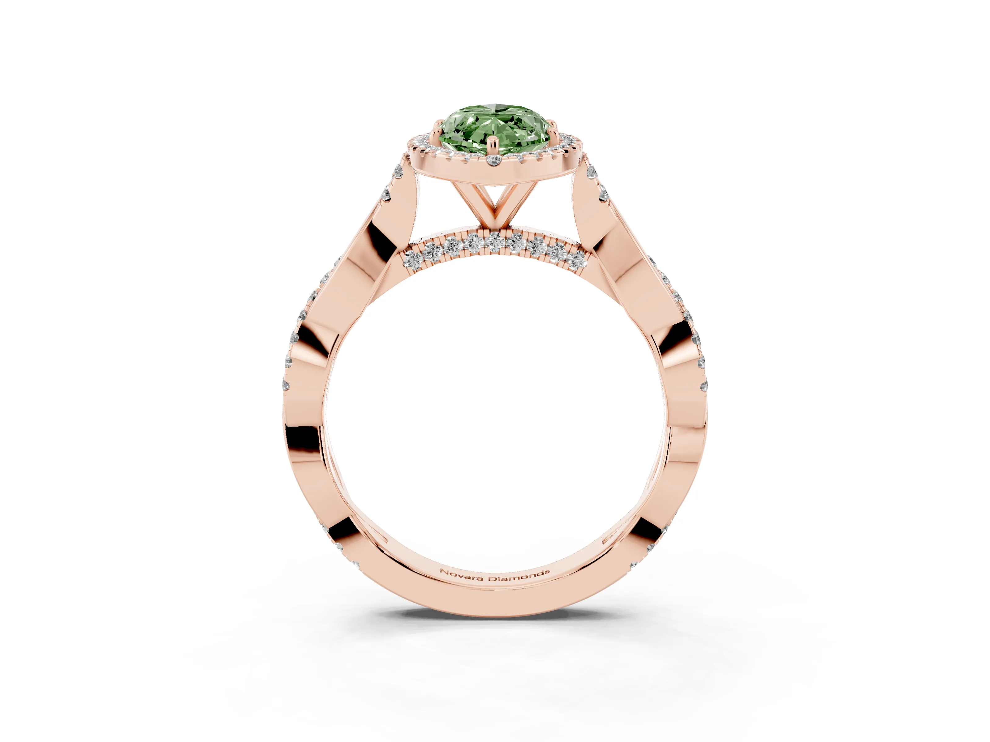 Fancy Green Marquise Cut Diamond Halo Twist Band Solitaire Ring Set in Rose gold with Prong Setting