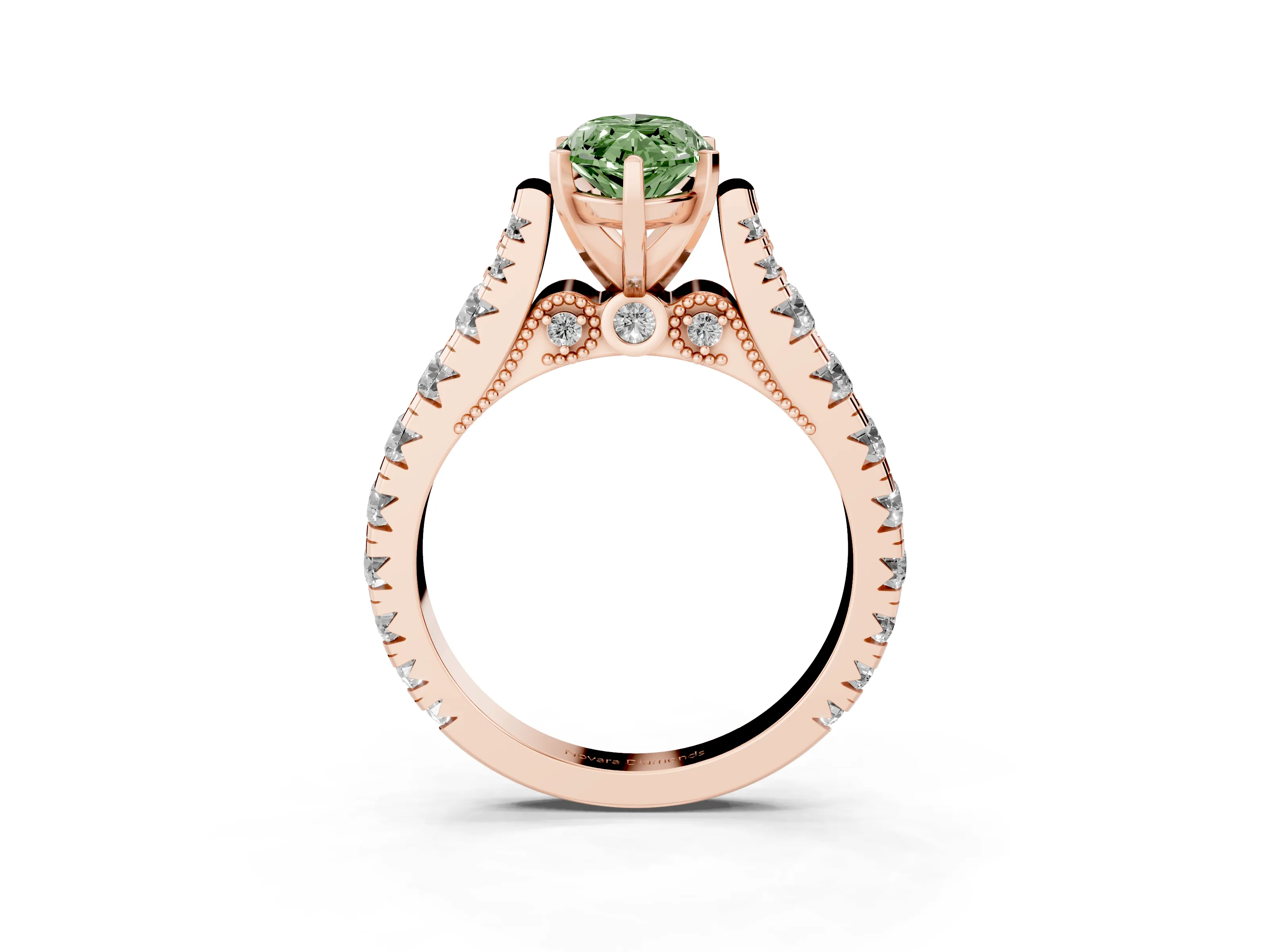 Fancy Green Marquise Cut Diamond Classic Solitaire Ring Set in Rose gold with Pavé Band and Prong Setting