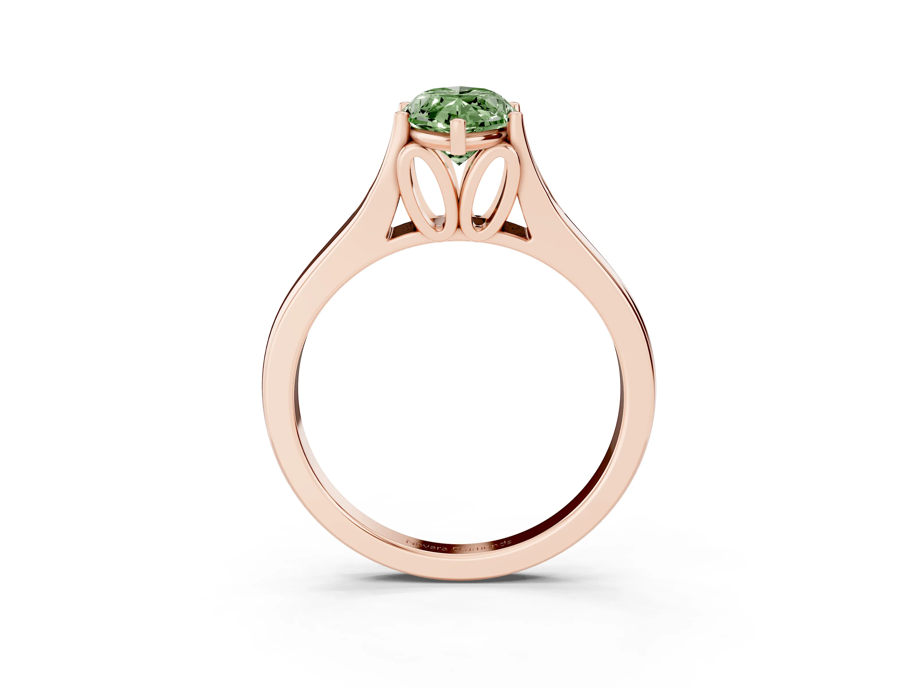 Fancy Green Marquise Cut Diamond Solitaire Ring Set in Rose gold with Arched Cathedral Band and Prong Setting