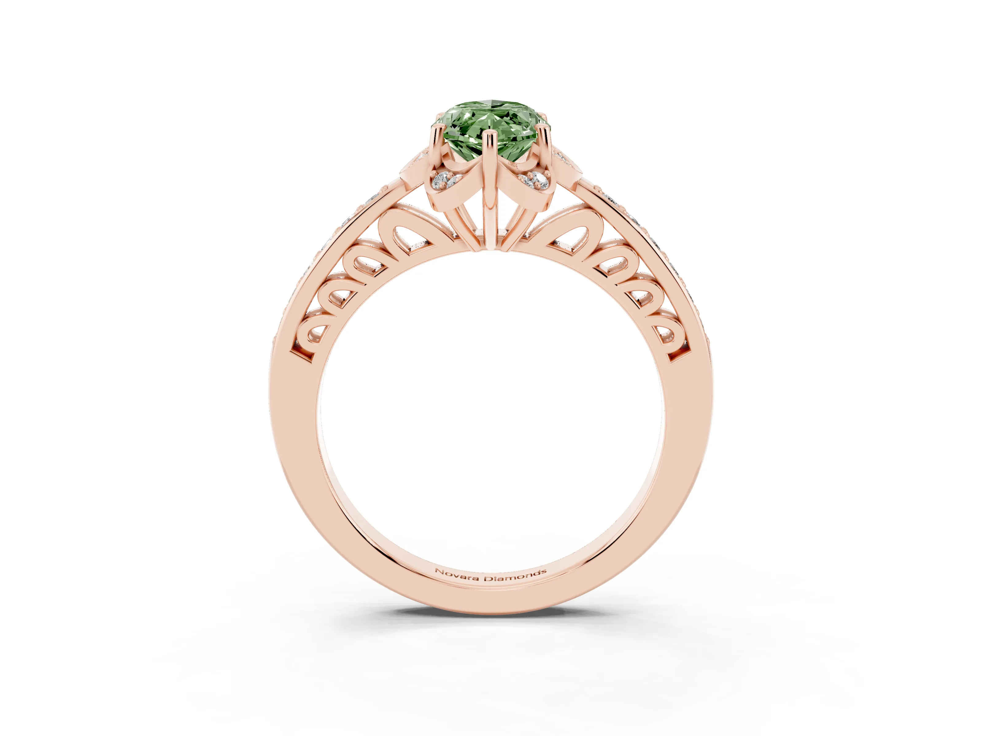 Fancy Green Marquise Cut Diamond Halo Ring Set in Rose gold with Channel Set Band and Prong Setting