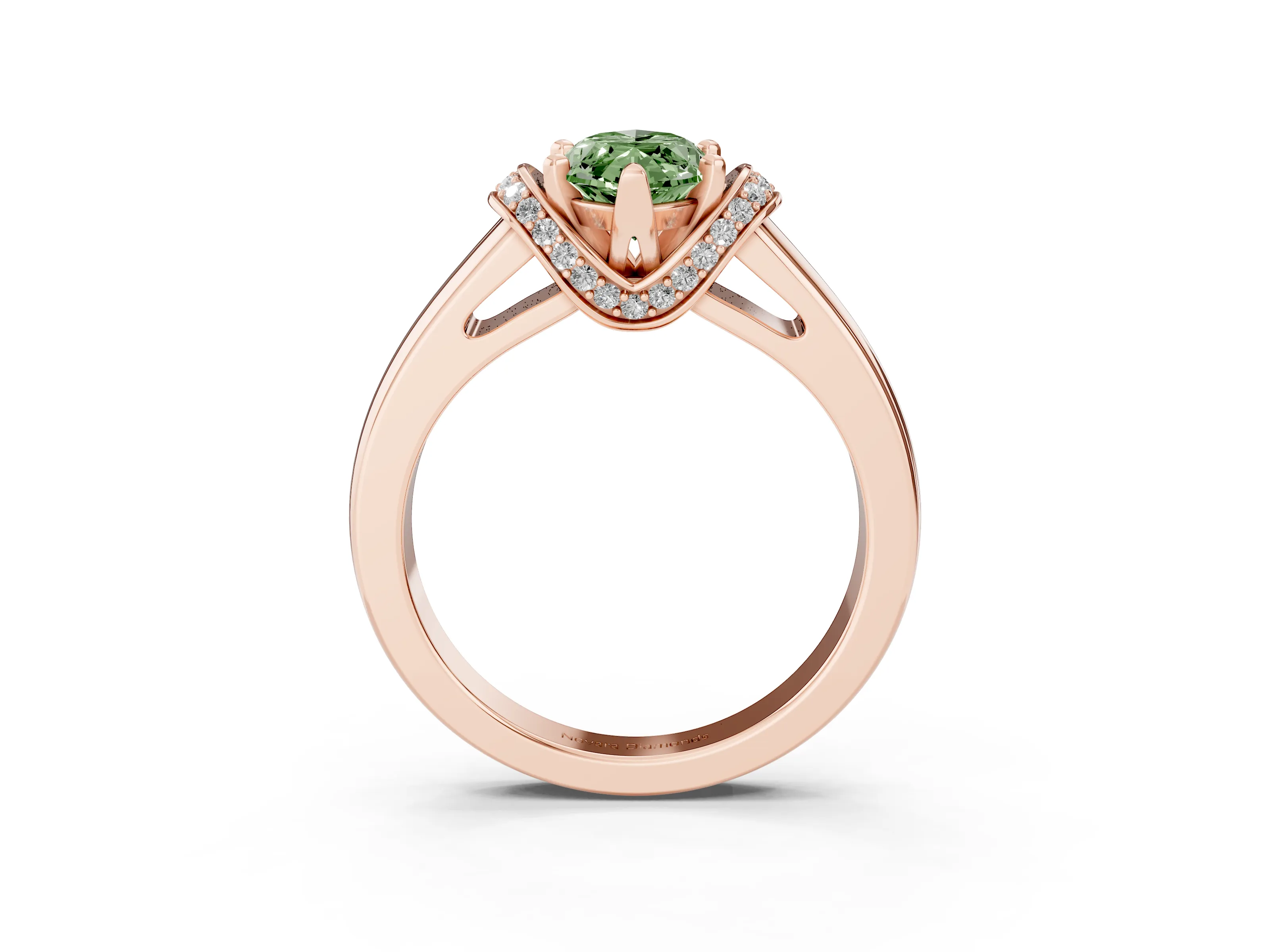 Fancy Green Marquise Cut Diamond Pavé Band Solitaire Ring Set in Rose gold with Prong Setting