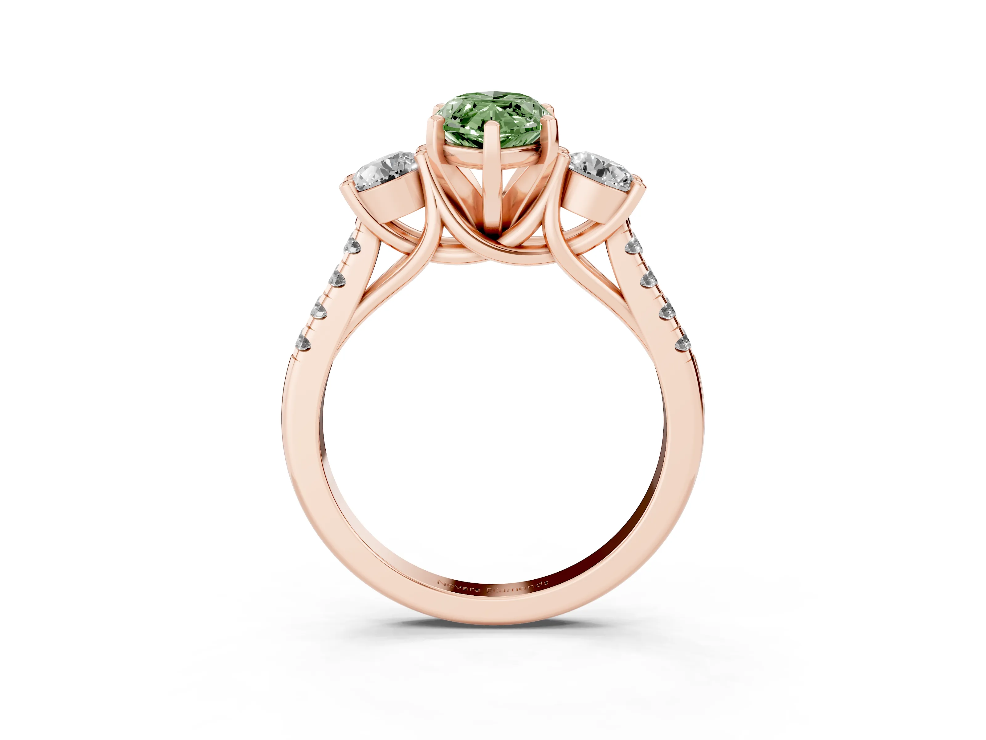 Fancy Green Three-Stone Marquise Cut Diamond Pavé Band Ring Set in Rose gold with Prong-Set Trio