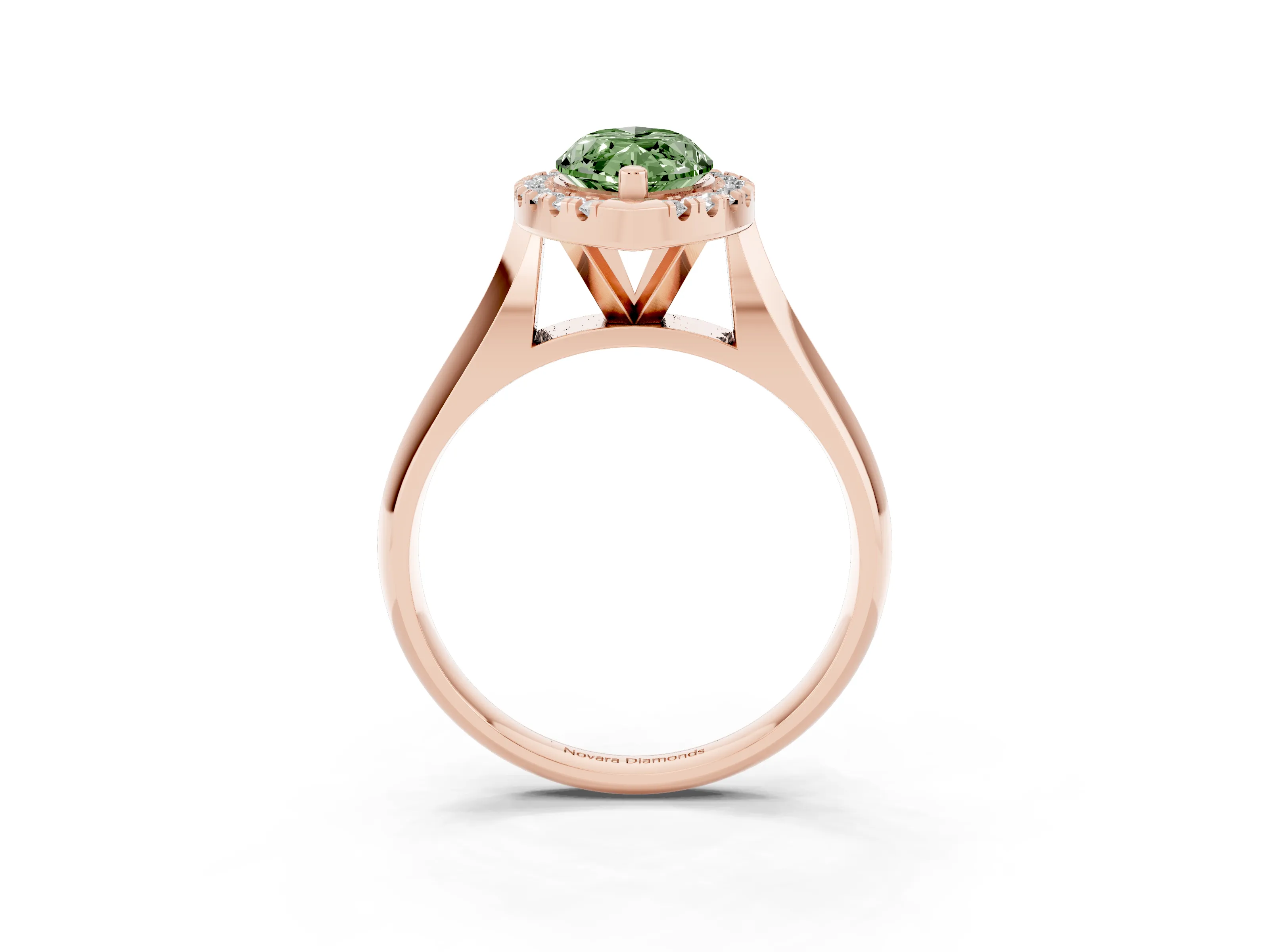 Fancy Green Marquise Cut Diamond Halo Solitaire Engagement Ring Set in Rose gold with Square Band and Prong Setting