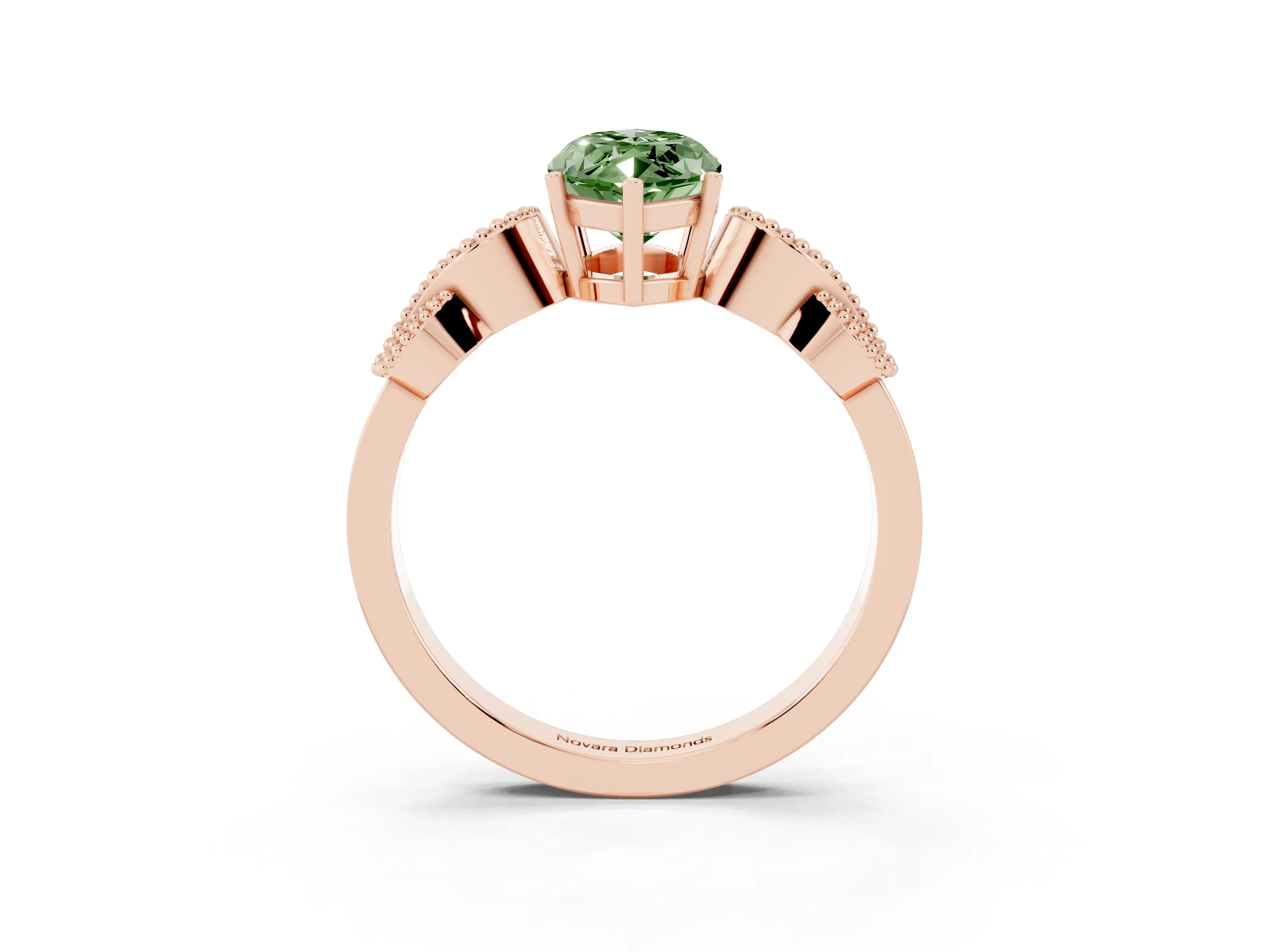 Fancy Green Marquise Cut Diamond Milgrain Leaf Band Solitaire Ring Set in Rose gold with Accent Stones and Prong Setting