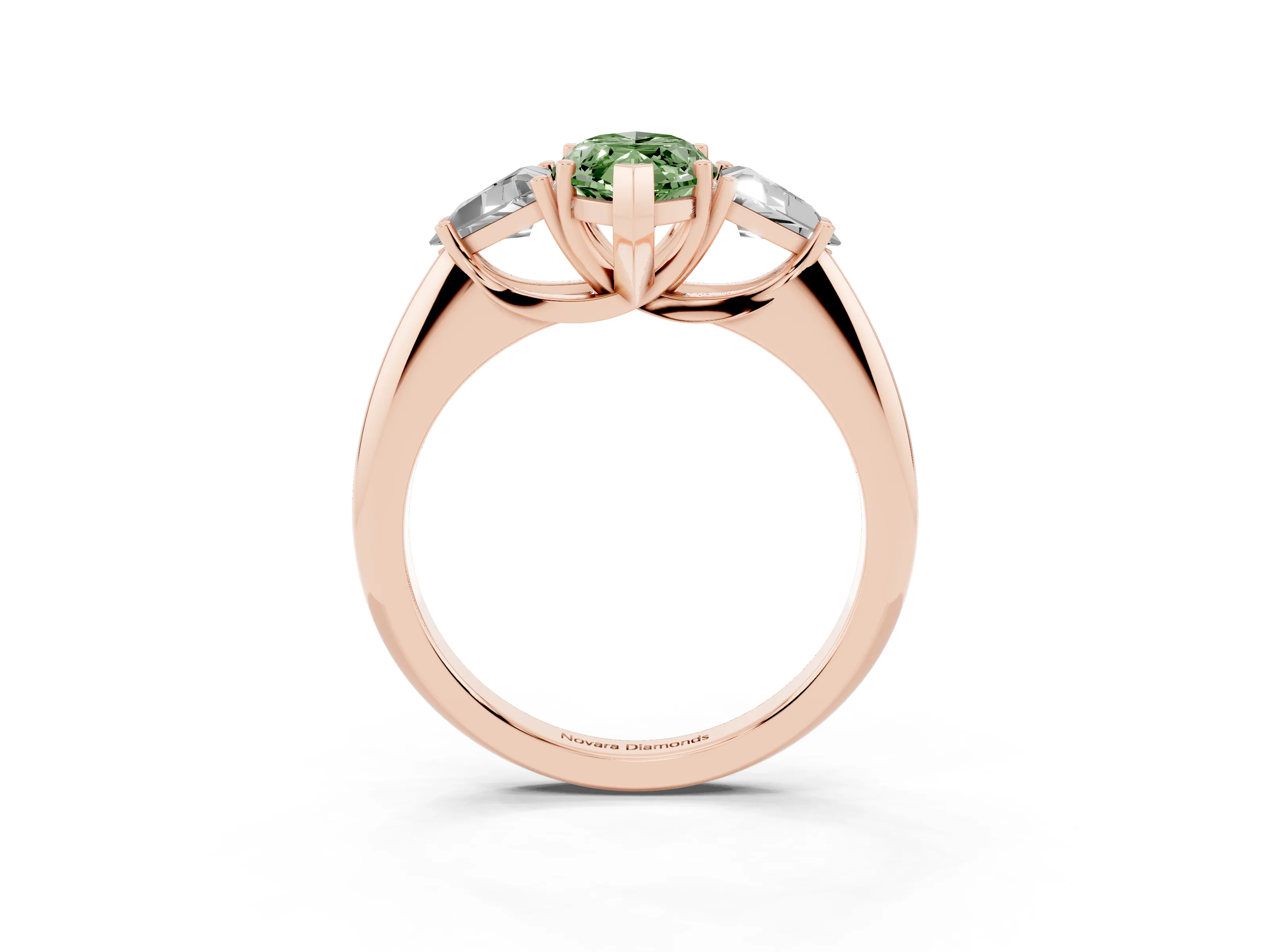 Fancy Green Marquise Cut Diamond Three-Stone Engagement Ring Set in Rose gold with Trillion Side Stones