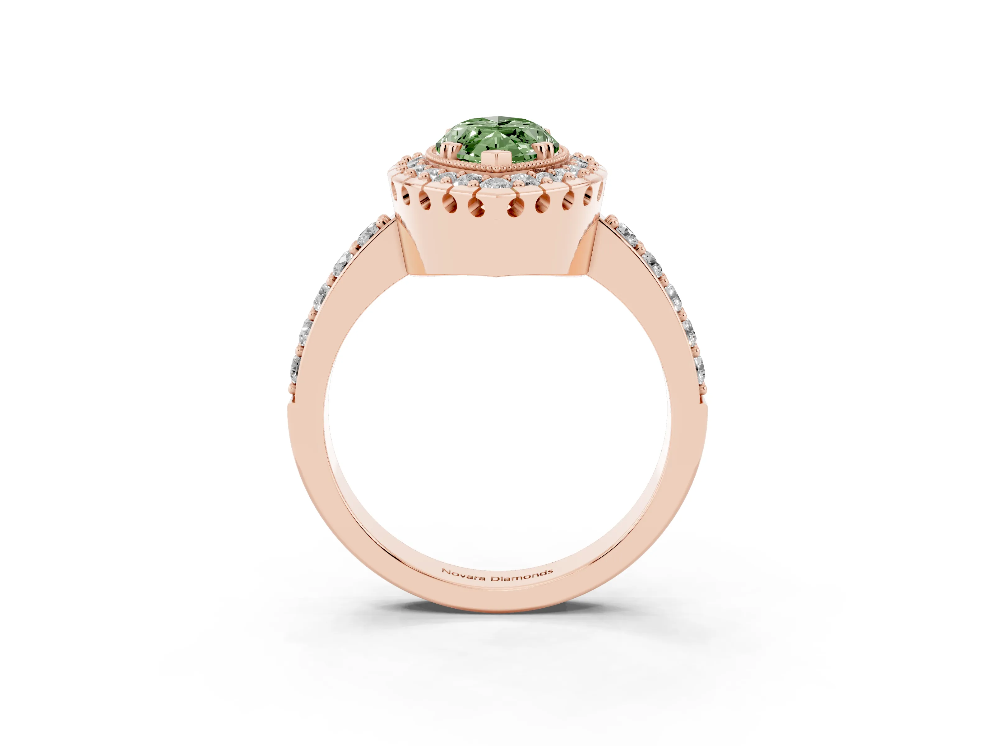 Fancy Green Marquise Cut Diamond Halo Ring Set in Rose gold with Pavé Shank and Prong Setting