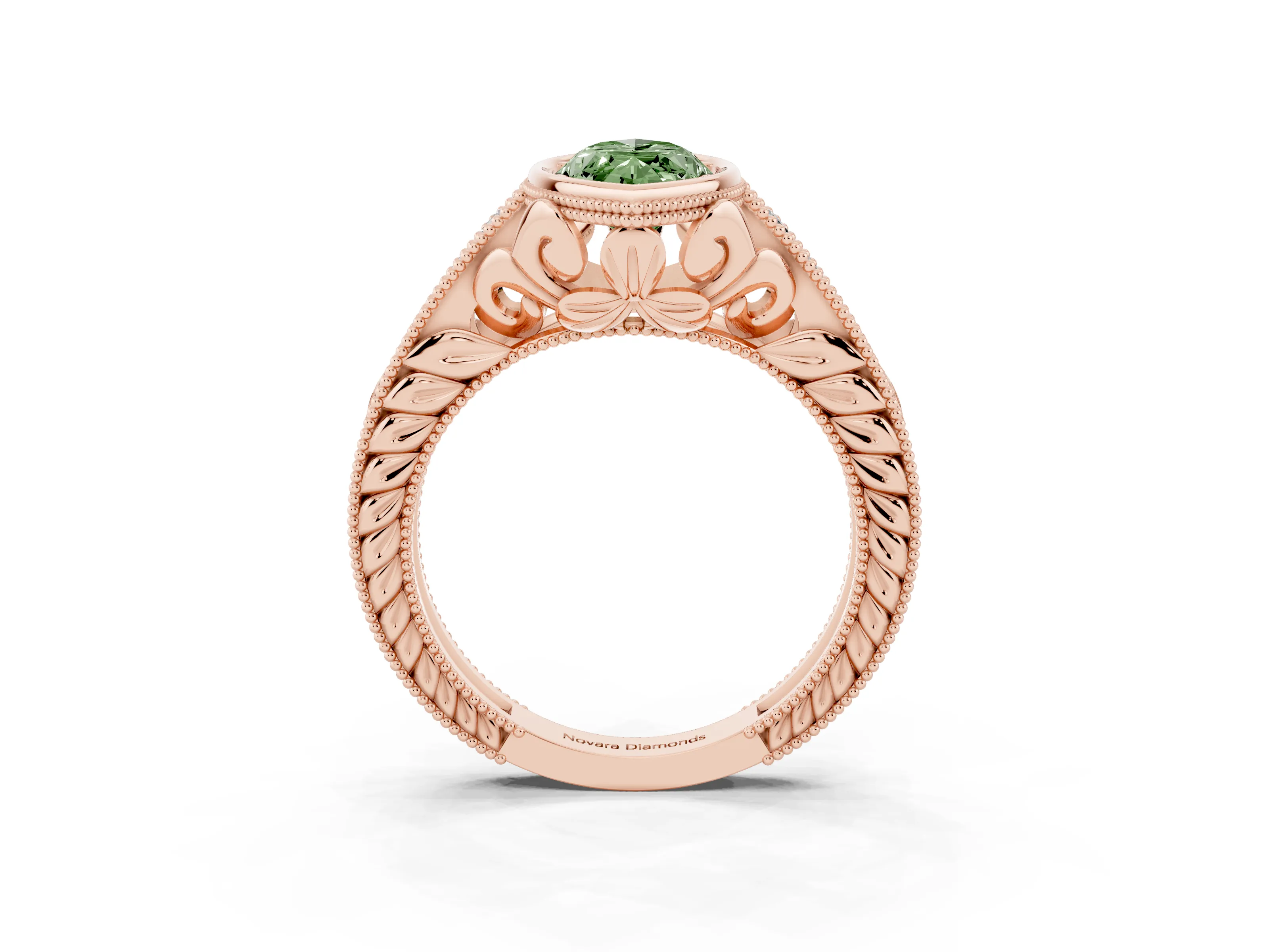 Fancy Green Bezel Set Marquise Cut Diamond Milgrain Pavé Engagement Ring Set in Rose gold