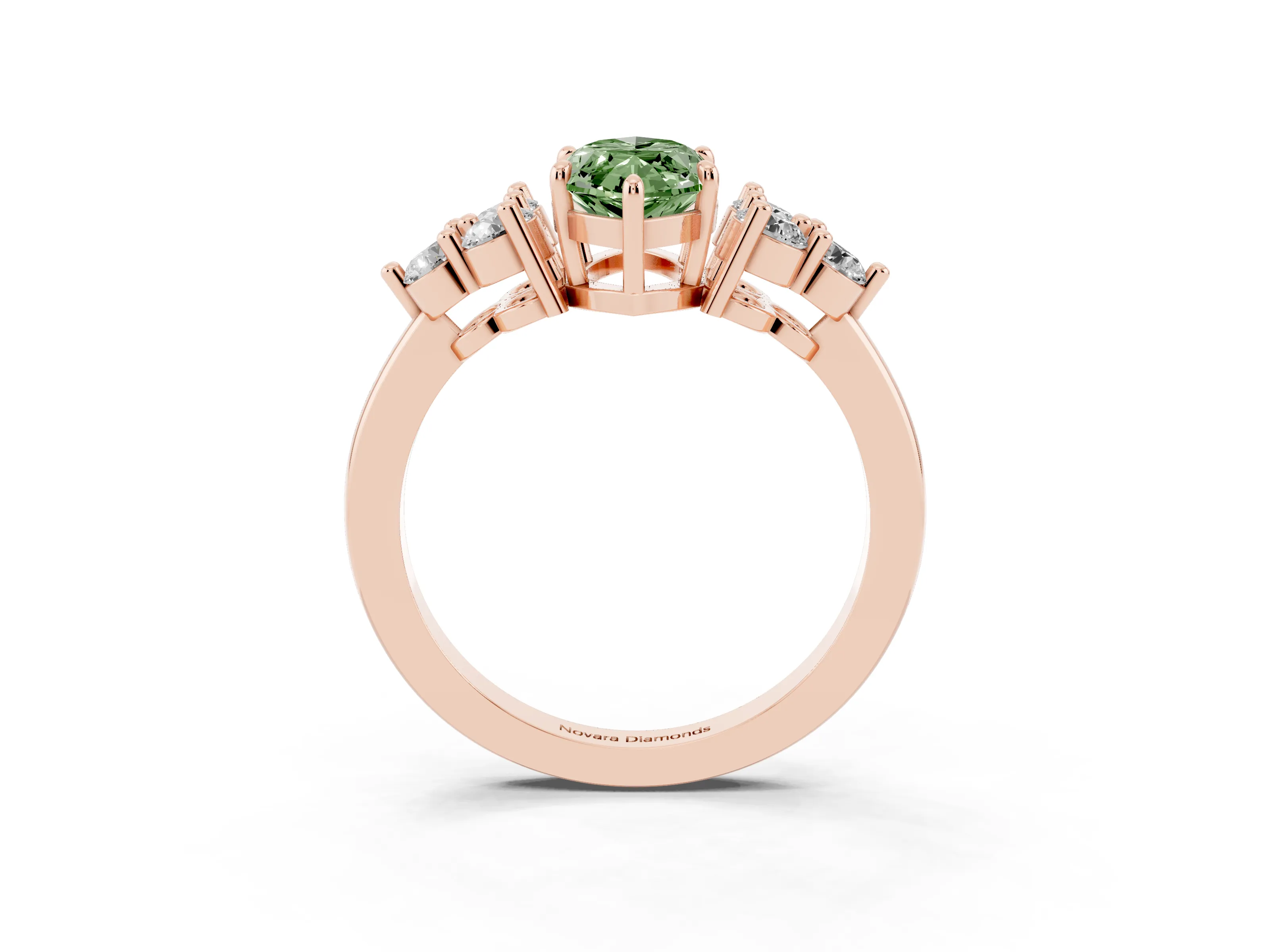 Fancy Green Marquise Cut Diamond Solitaire Ring Set in Rose gold with Cluster Accents on Each Side