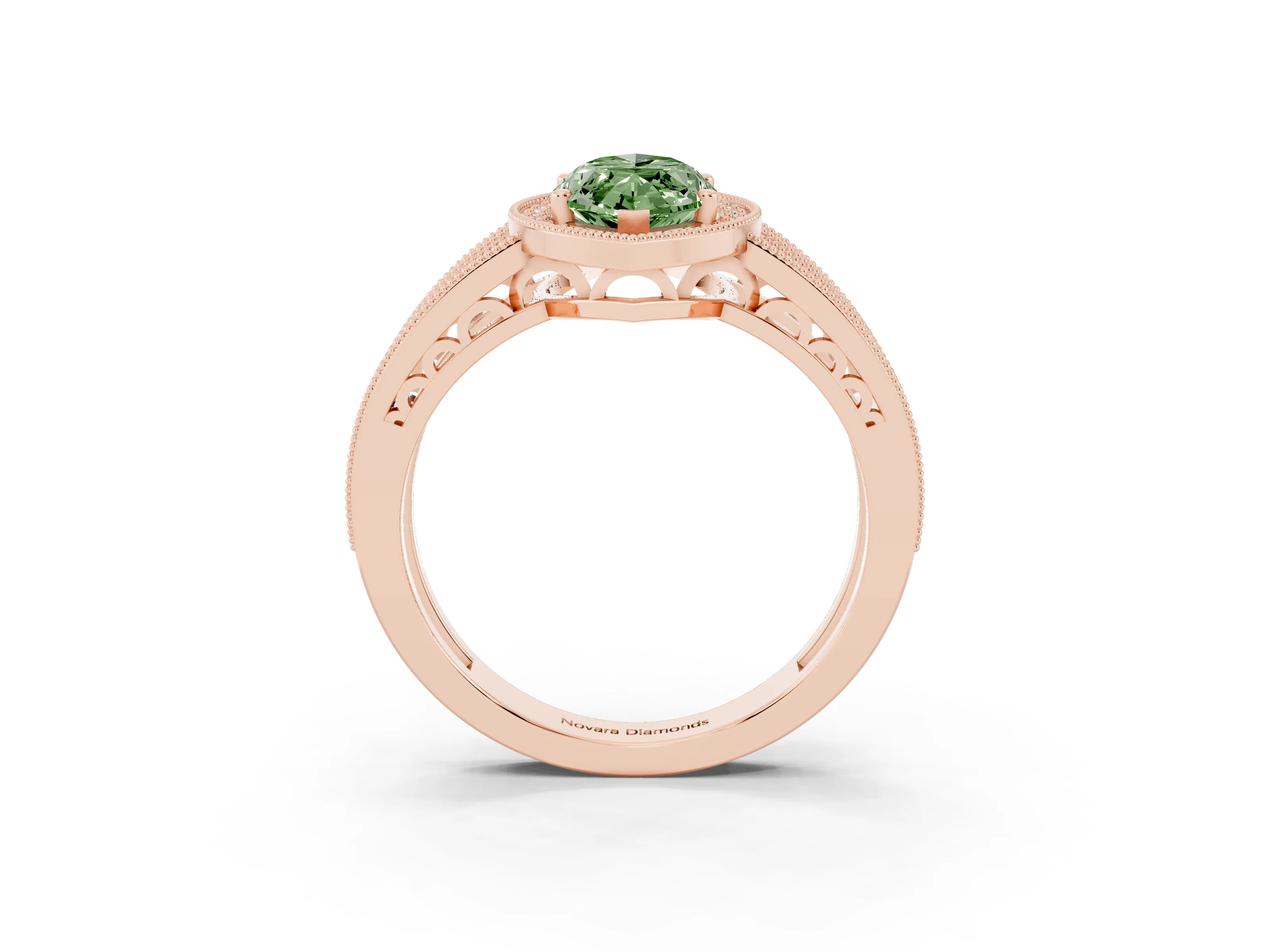 Fancy Green Marquise Cut Diamond Halo Ring Set in Rose gold with Accent Split Shank and Prong Setting
