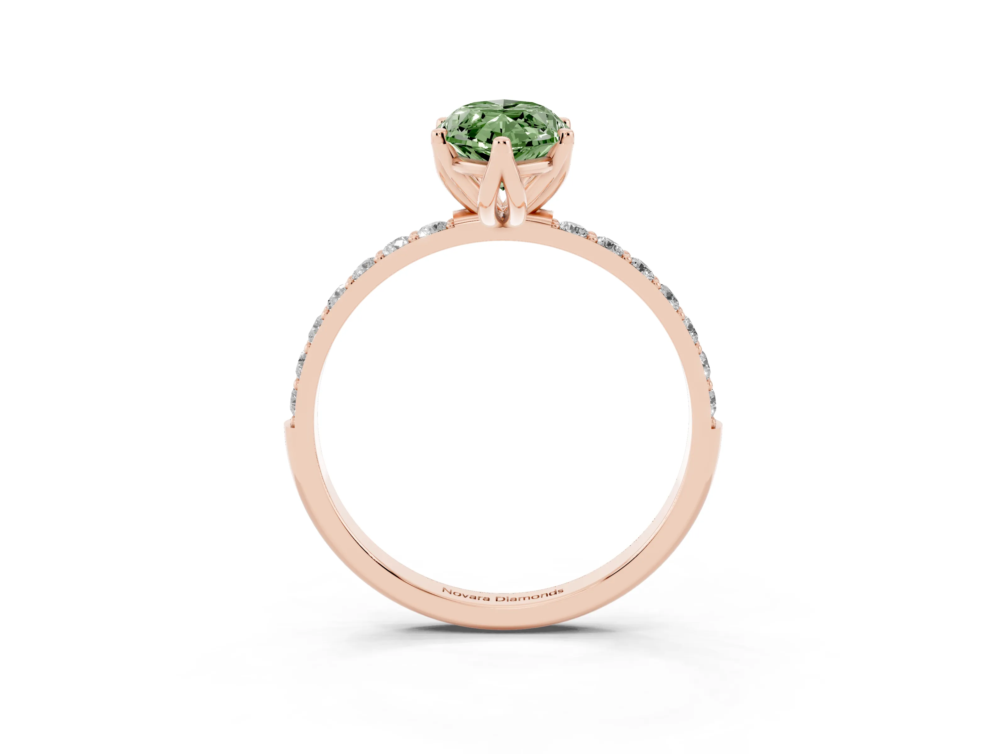 Fancy Green Marquise Cut Diamond Solitaire Engagement Ring Set in Rose gold with Round Pavé Band and Prong Setting