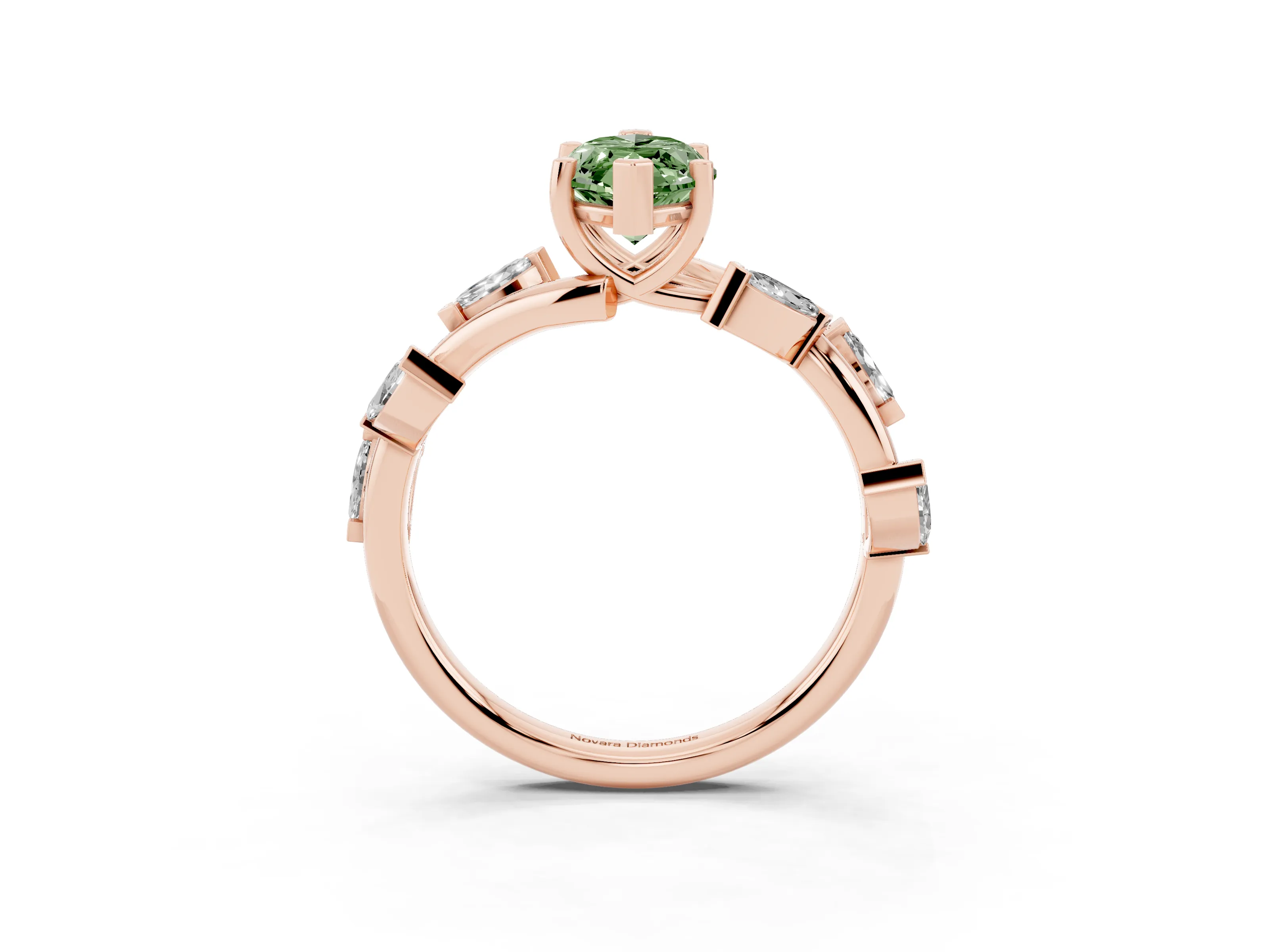 Fancy Green Marquise Cut Diamond Solitaire Ring Set in Rose gold with Twisted Marquise Accent Band
