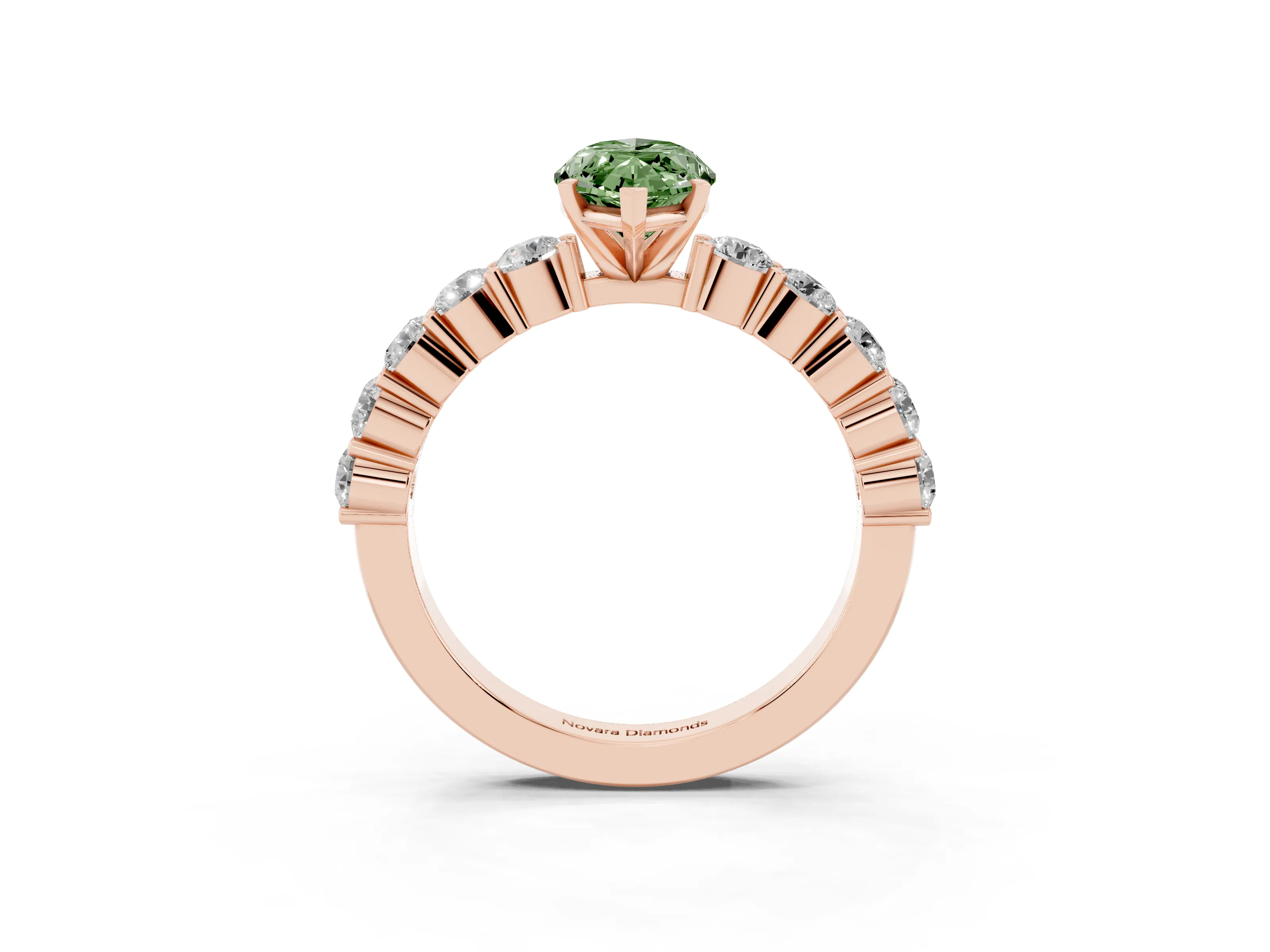 Fancy Green Marquise Cut Diamond Solitaire Ring Set in Rose gold with Shared Prong Round Side Stones