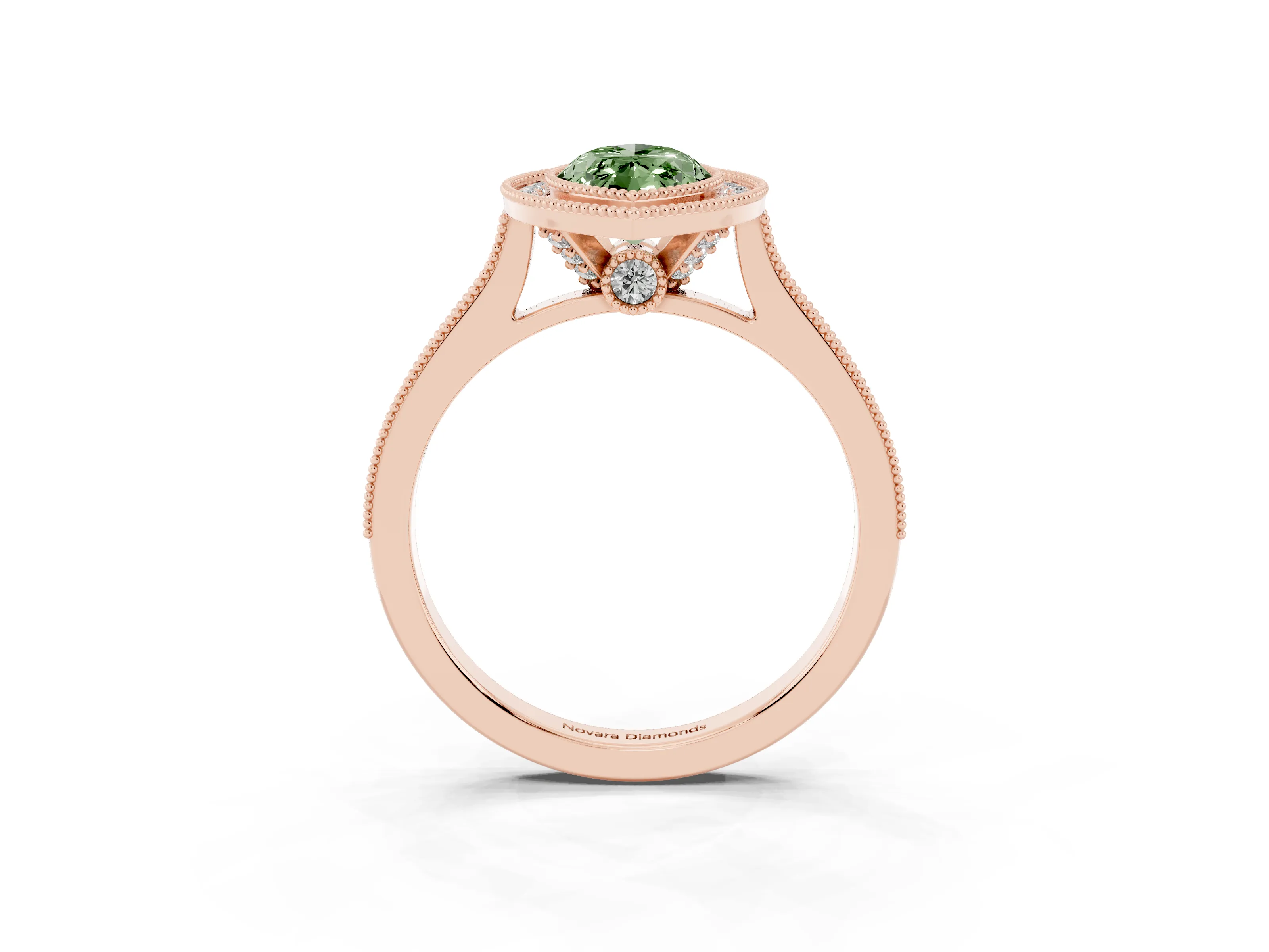Fancy Green Marquise Cut Diamond Halo Milgrain Pavé Band Ring Set in Rose gold with Prong Setting