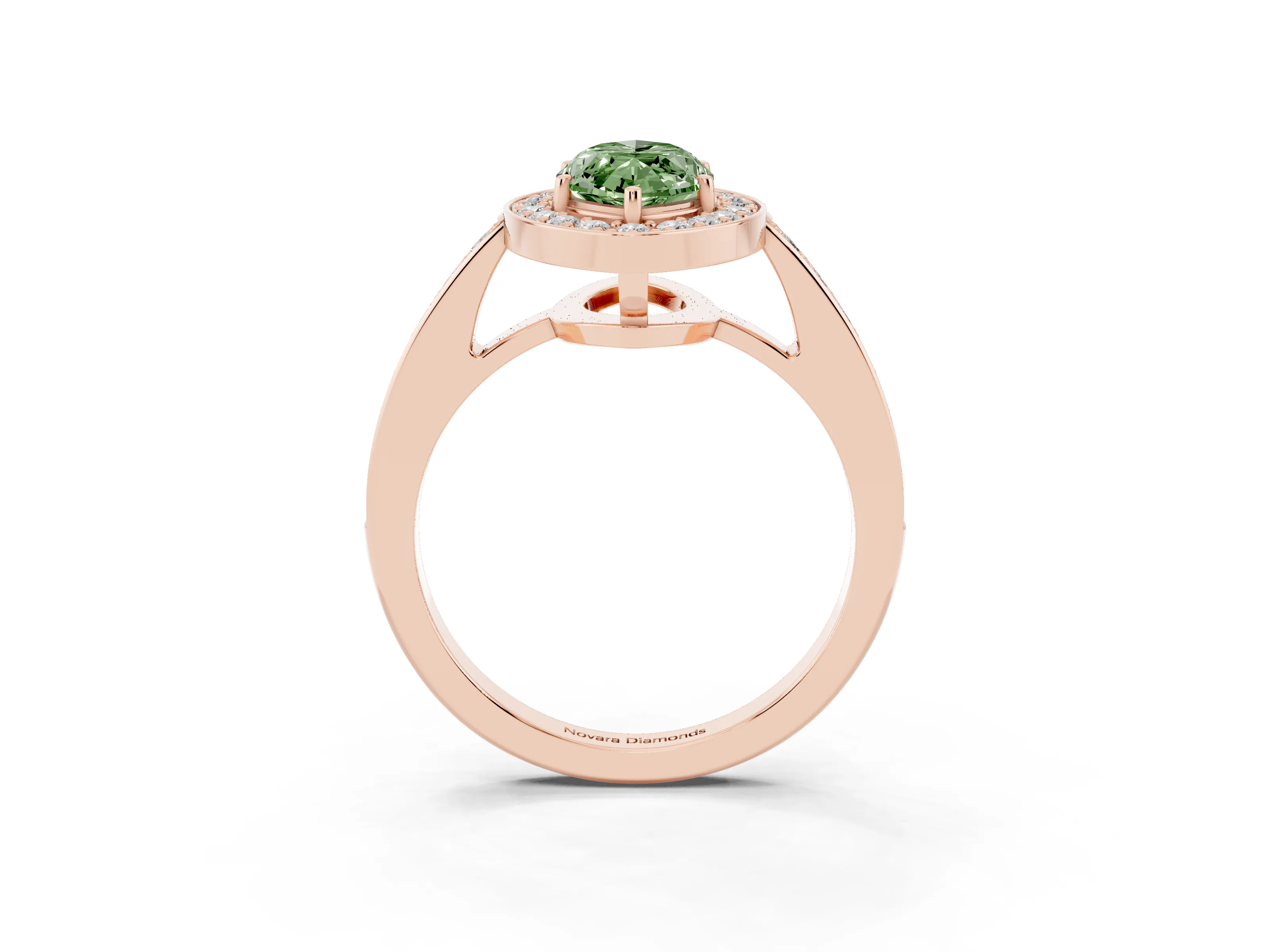 Fancy Green Marquise Cut Diamond Halo Pavé Engagement Ring Set in Rose gold with Bezel Setting
