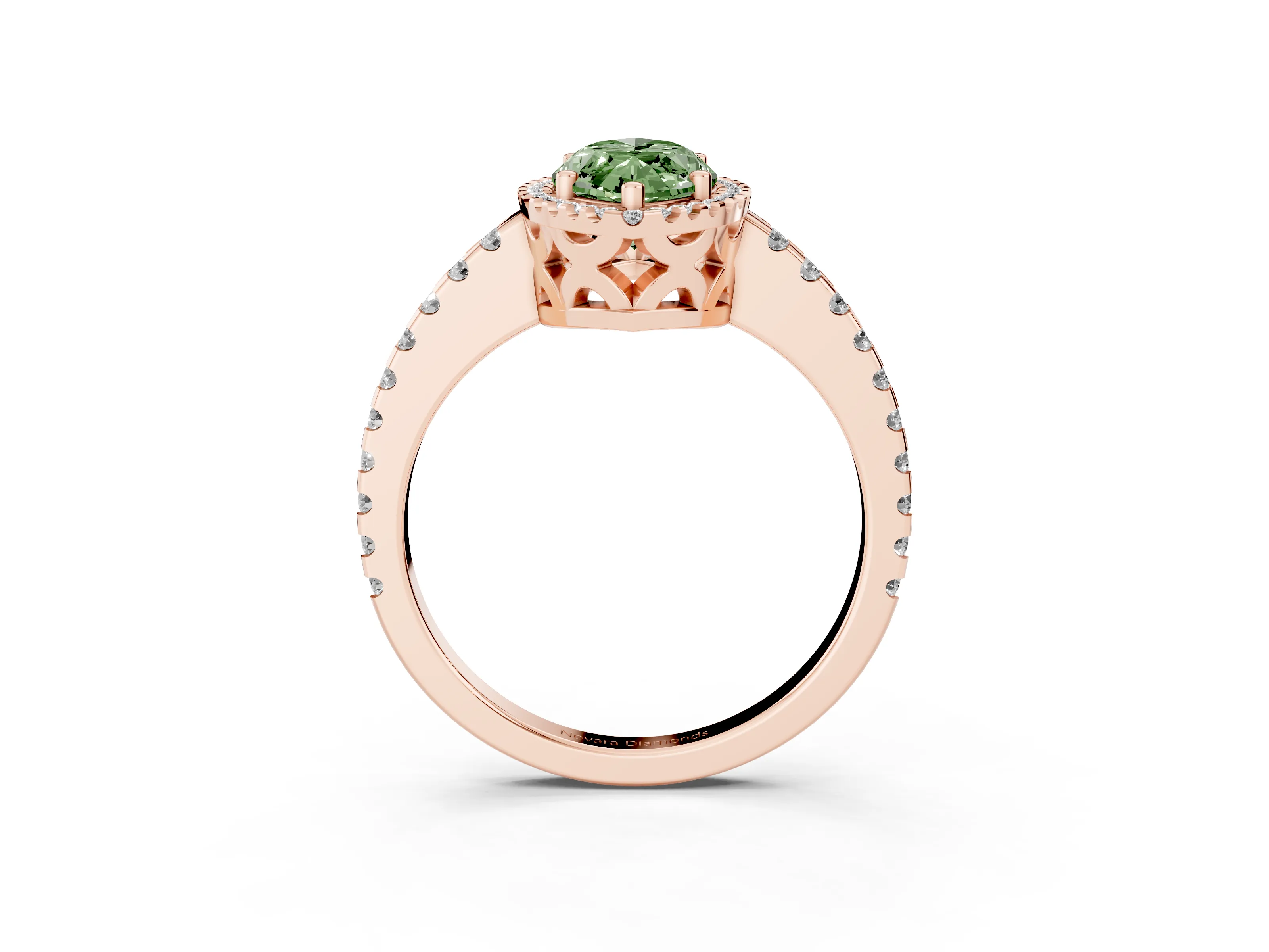Fancy Green Marquise Cut Diamond Halo Ring Set in Rose gold with Pavé Shoulders and Halo-Framed Center