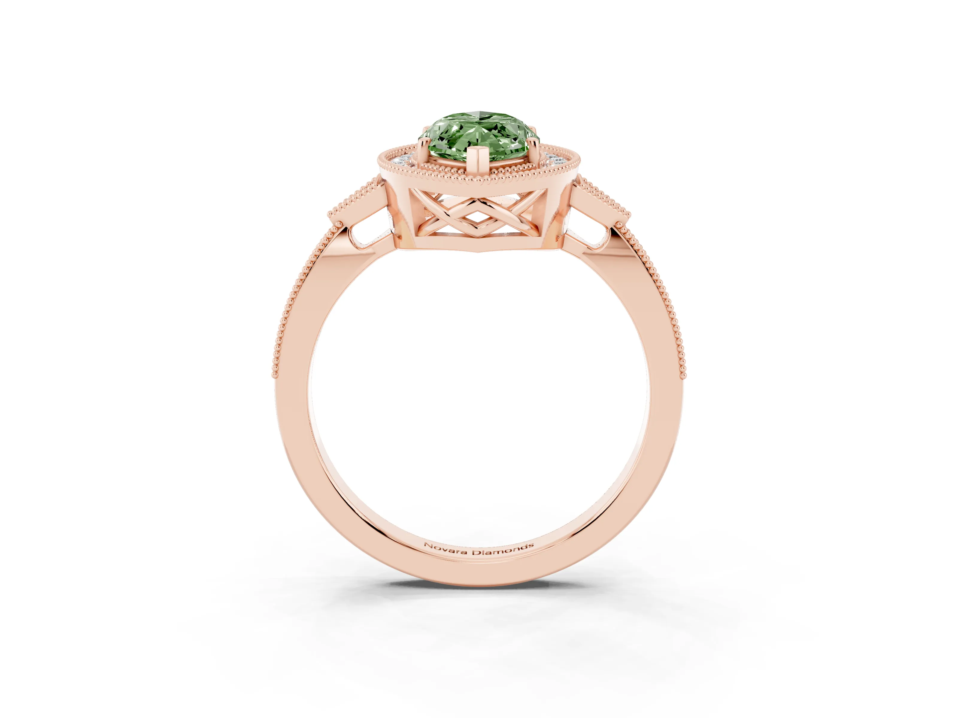 Fancy Green Marquise Cut Diamond Halo Engagement Ring Set in Rose gold with Milgrain Pavé Band
