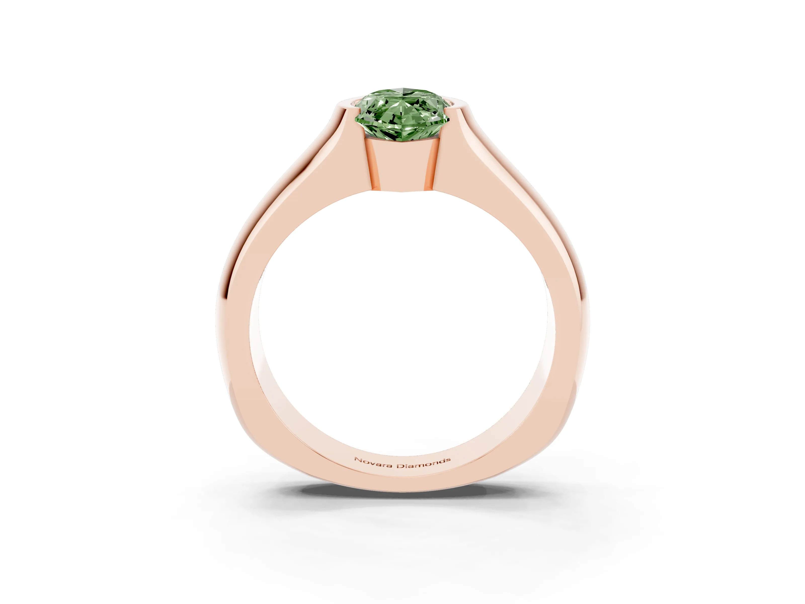 Fancy Green Marquise Cut Diamond Bezel Solitaire Ring Set in Rose gold with Wide Band