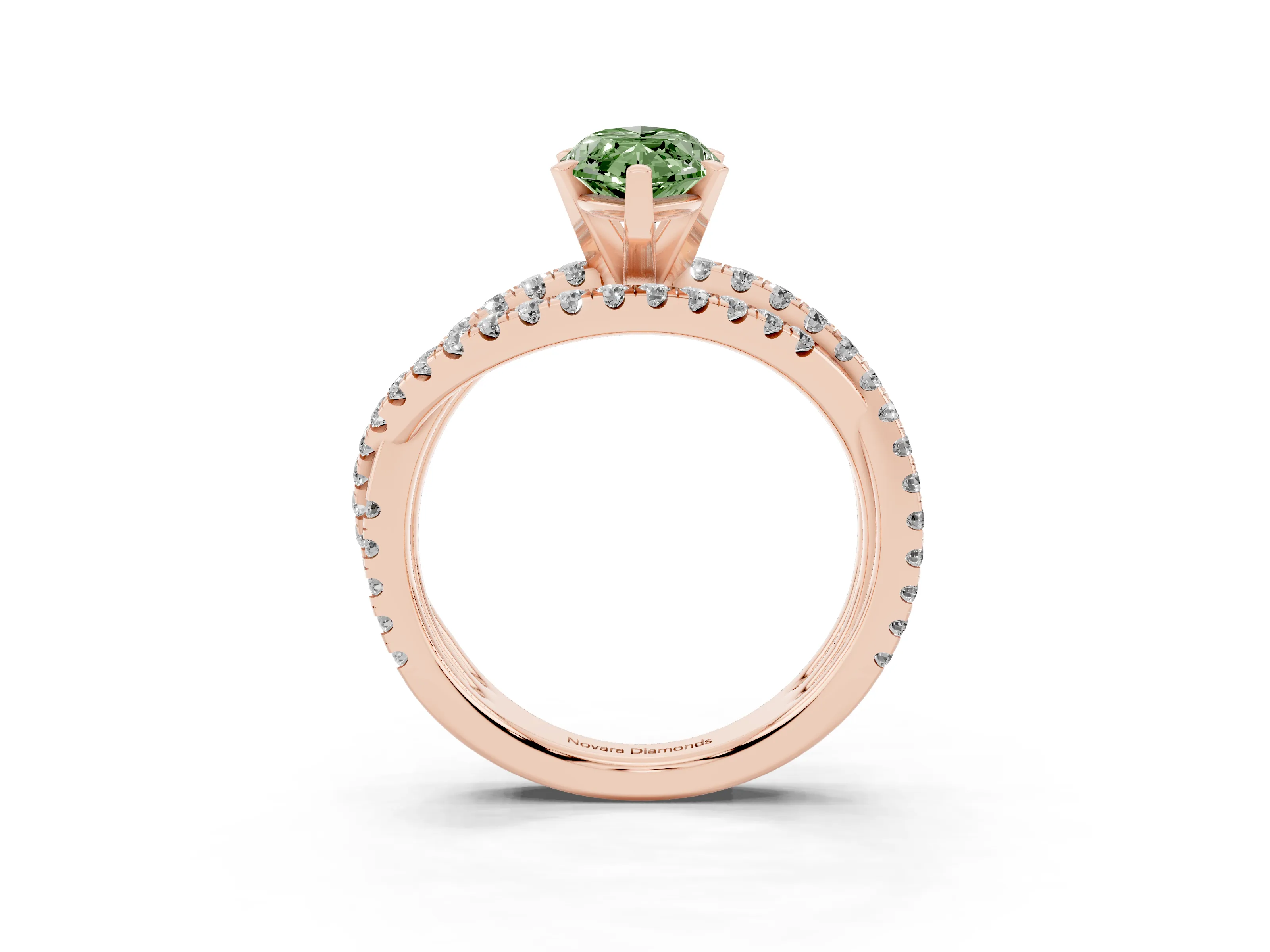 Fancy Green Marquise Cut Diamond Solitaire Twist Band Ring Set in Rose gold with Pavé Setting and Prong Head