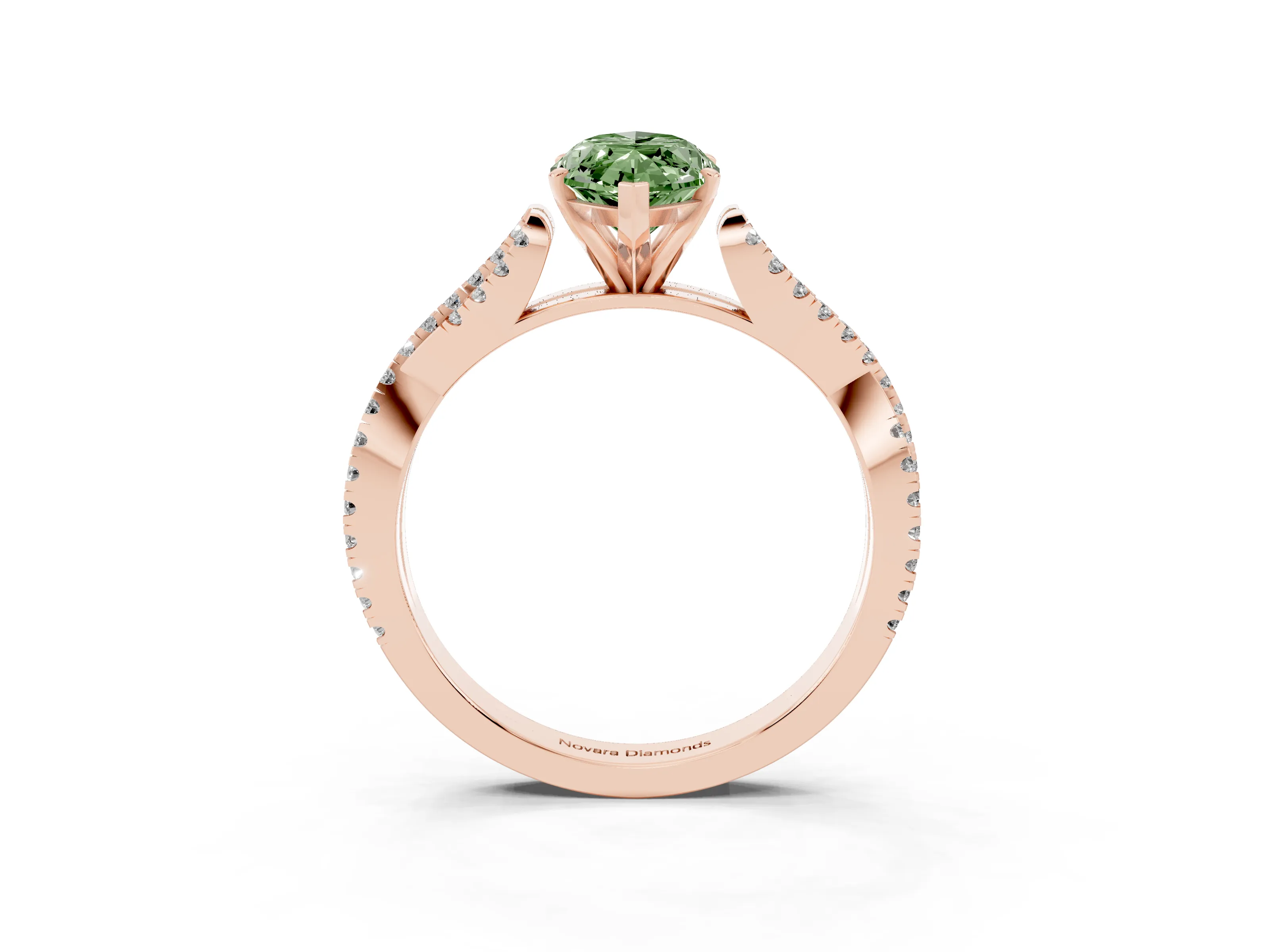 Fancy Green Marquise Cut Diamond Solitaire Engagement Ring Set in Rose gold with Twisted Pavé Band and Prong Setting