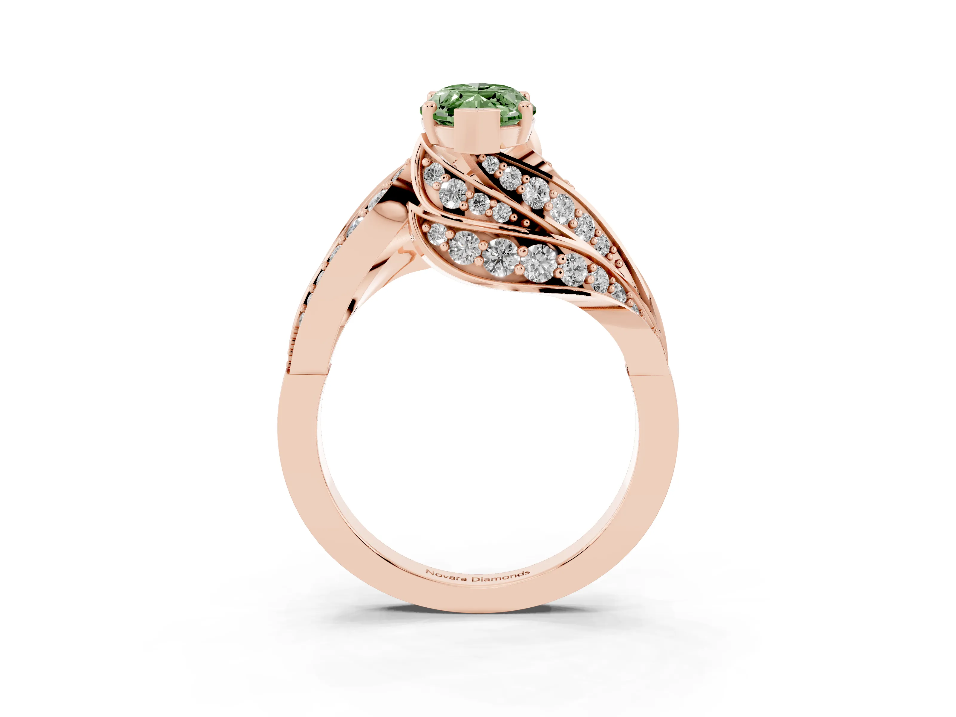 Fancy Green Marquise Cut Diamond Solitaire Ring Set in Rose gold with Layered Twist Pavé Band