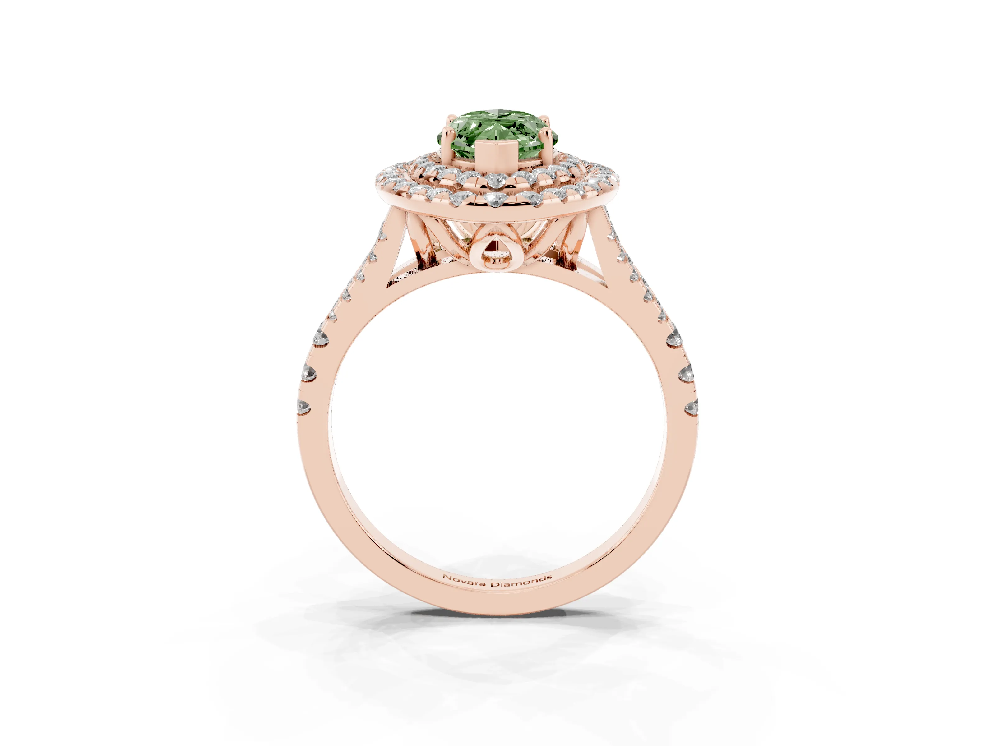 Fancy Green Marquise Cut Diamond Double Halo Ring Set in Rose gold with Pavé Split Shank and Prong Setting