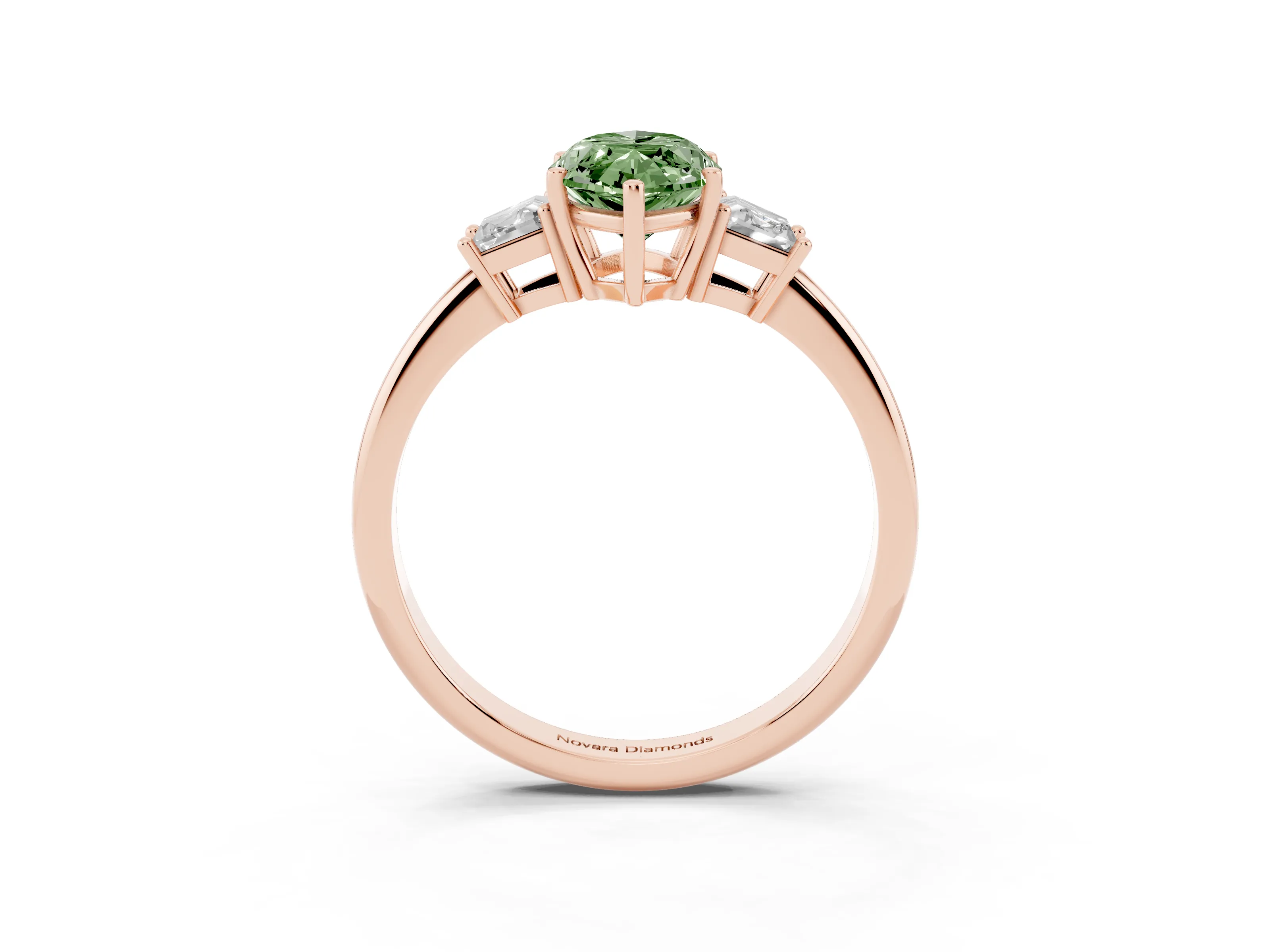 Fancy Green Marquise Cut Diamond Three-Stone Ring Set in Rose gold with Trapezoid Side Stones and Prong Setting