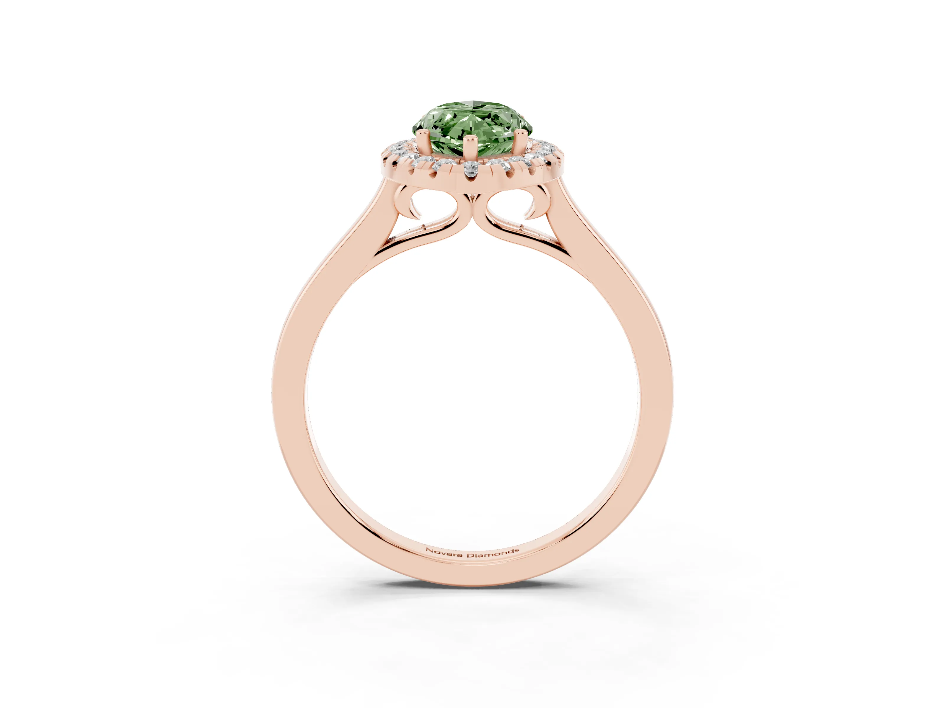 Fancy Green Marquise Cut Halo Round Diamond Solitaire Ring Set in Rose gold with Pavé Band and Prong Setting