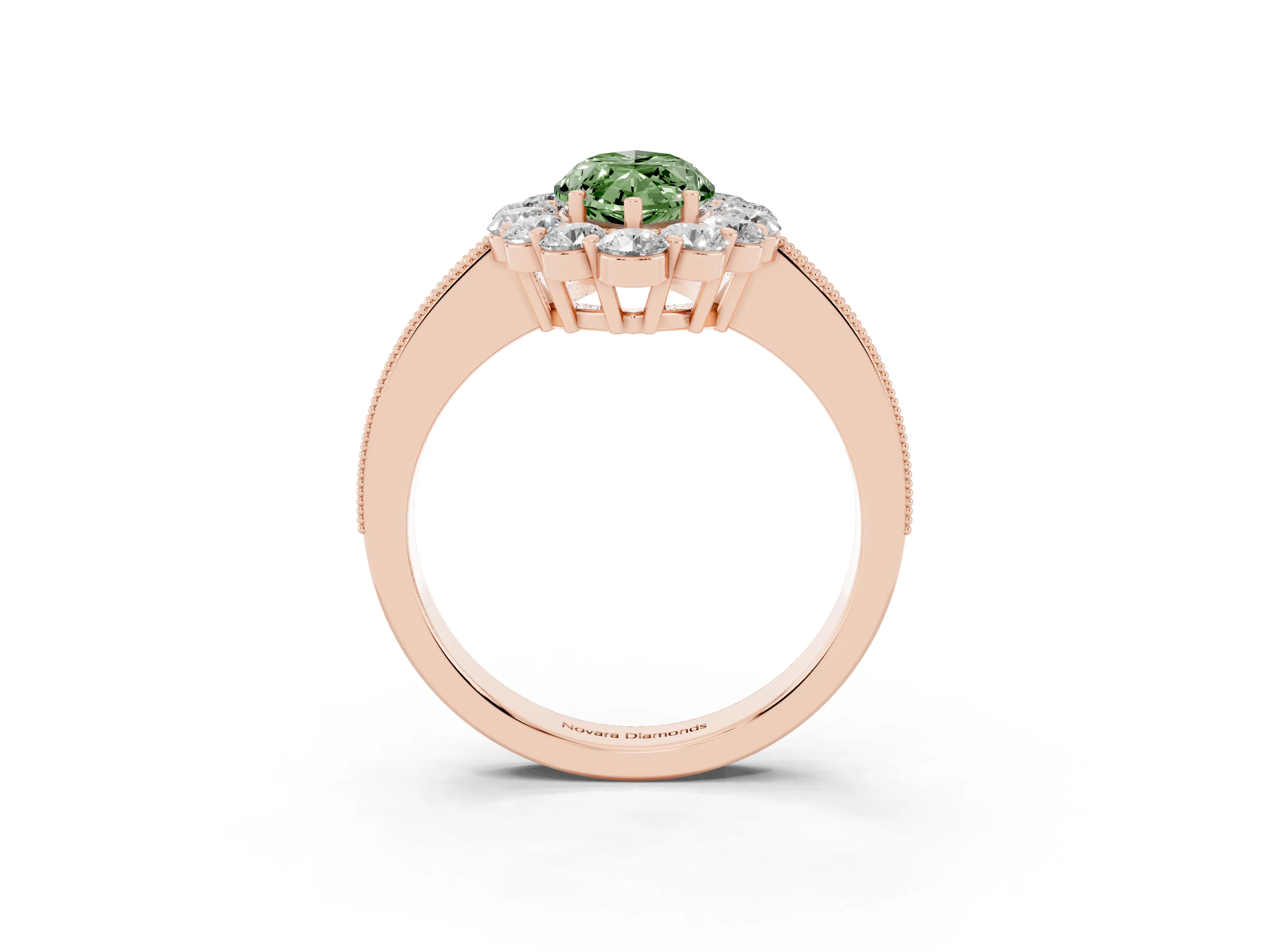 Fancy Green Marquise Cut Diamond Halo Pavé Engagement Ring Set in Rose gold with Milgrain Detailing