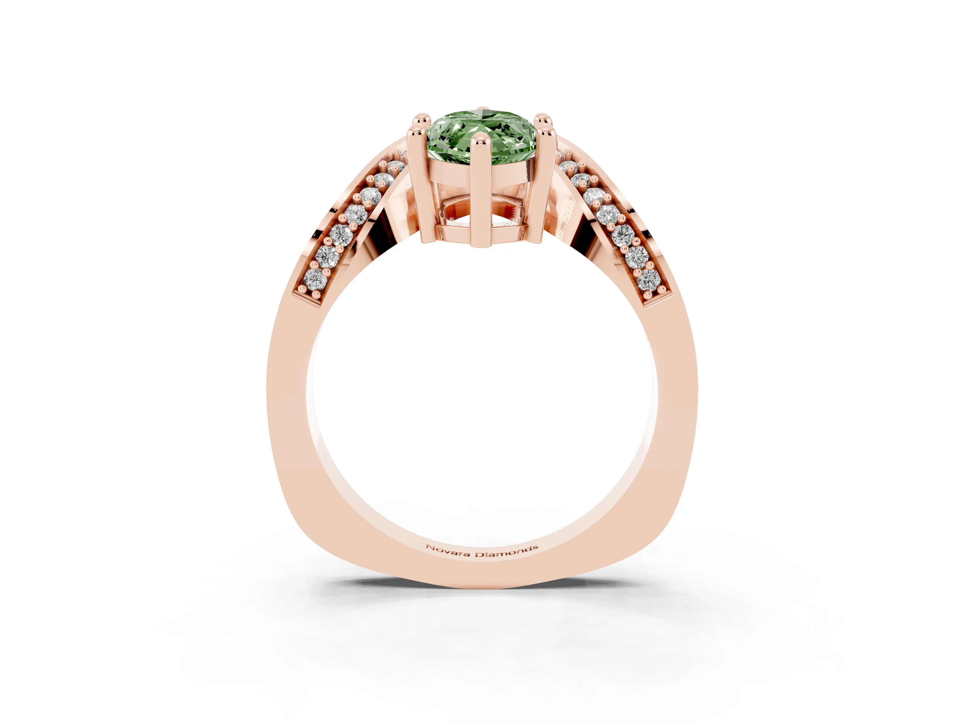 Fancy Green Marquise Cut Diamond Solitaire Engagement Ring Set in Rose gold with Pavé Shoulders