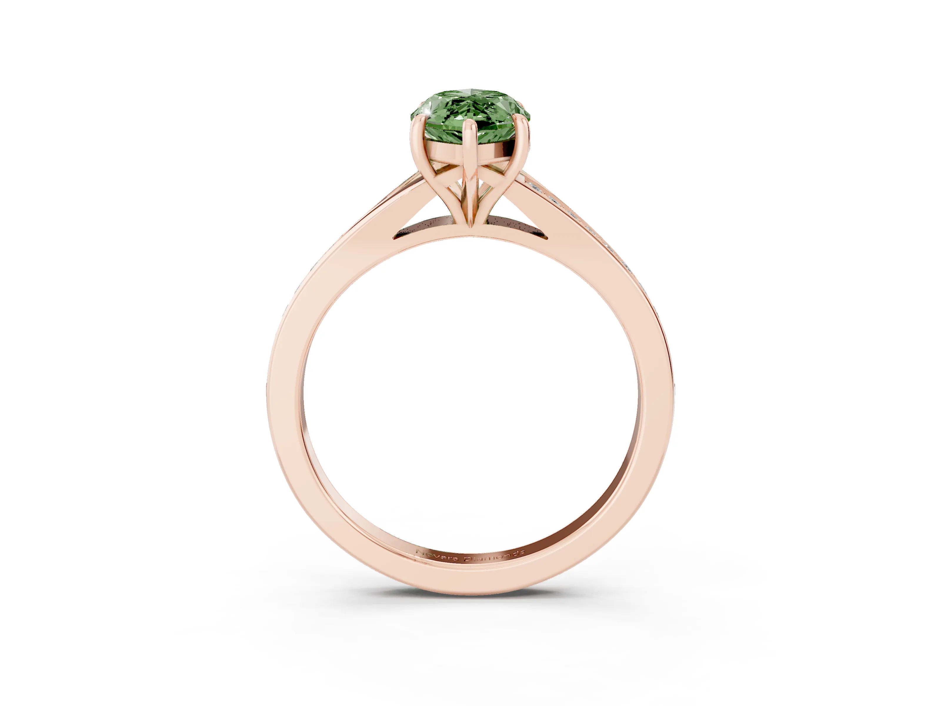 Fancy Green Marquise Cut Diamond Solitaire Ring Set in Rose gold with Pavé Accent Band and Classic Prong Setting