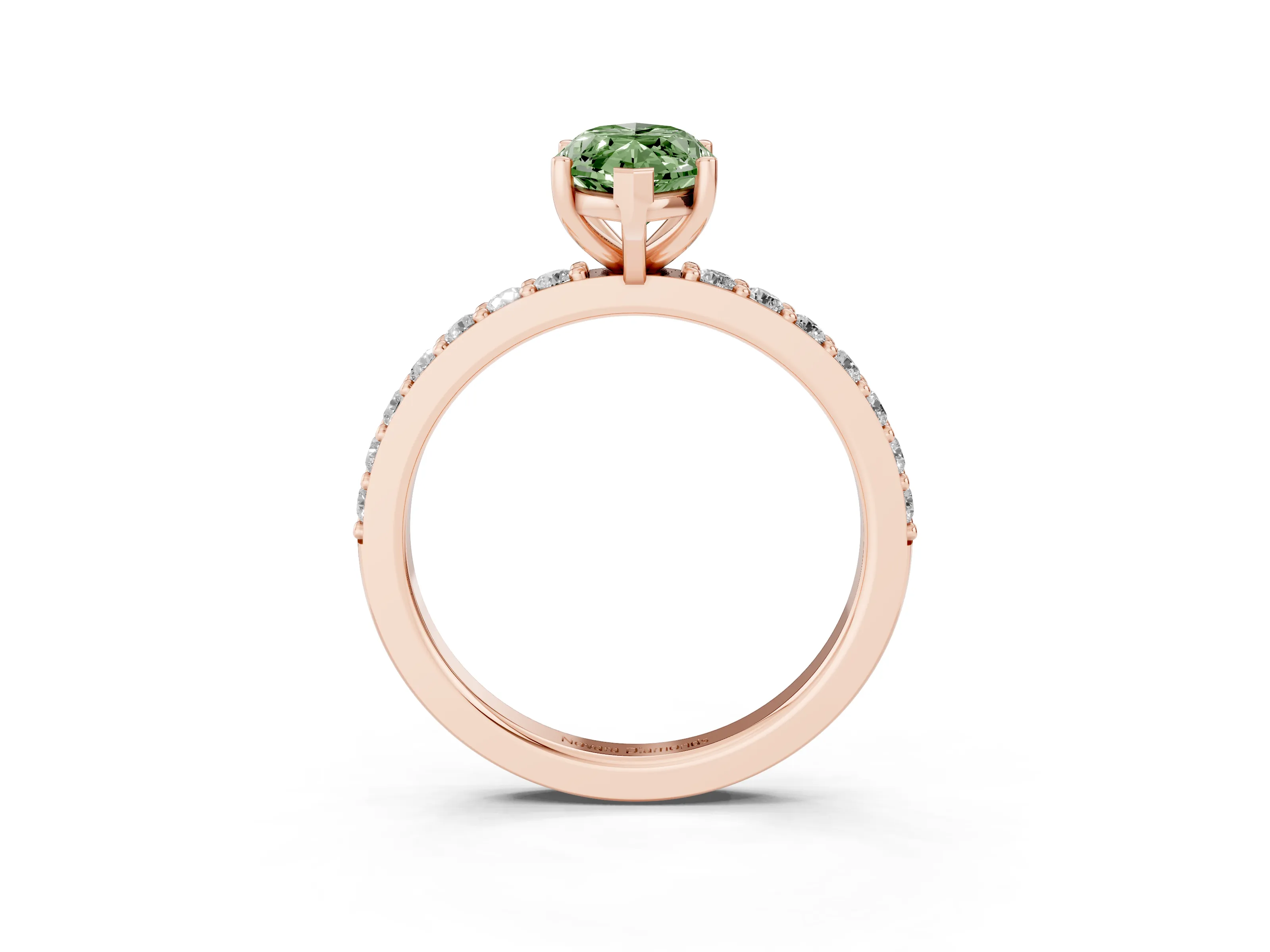 Fancy Green Marquise Cut Diamond Solitaire Set in Rose gold with Round Pavé Band and Prong Setting