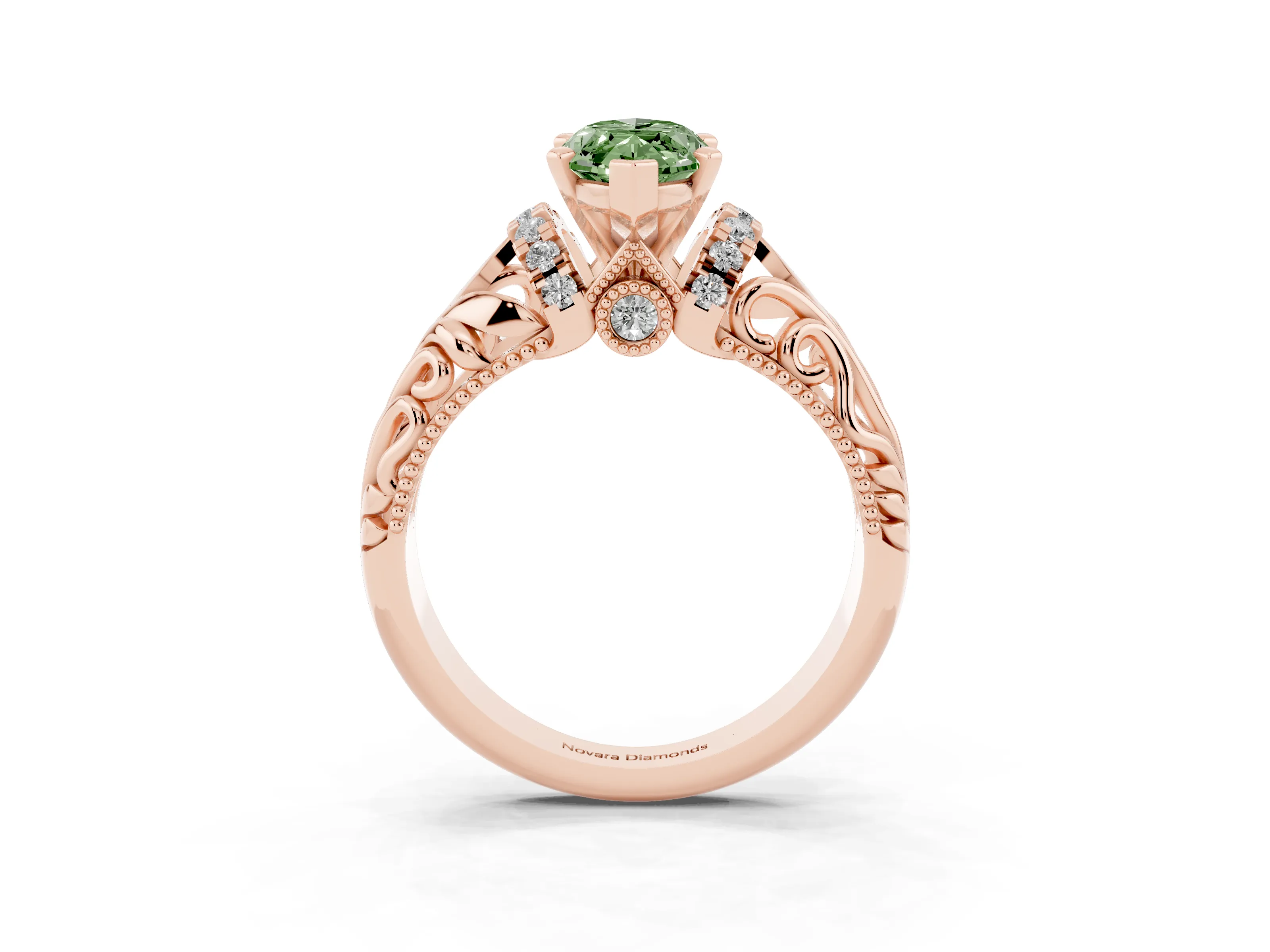 Fancy Green Marquise Cut Diamond Filigree Halo Engagement Ring Set in Rose gold with Prong Setting