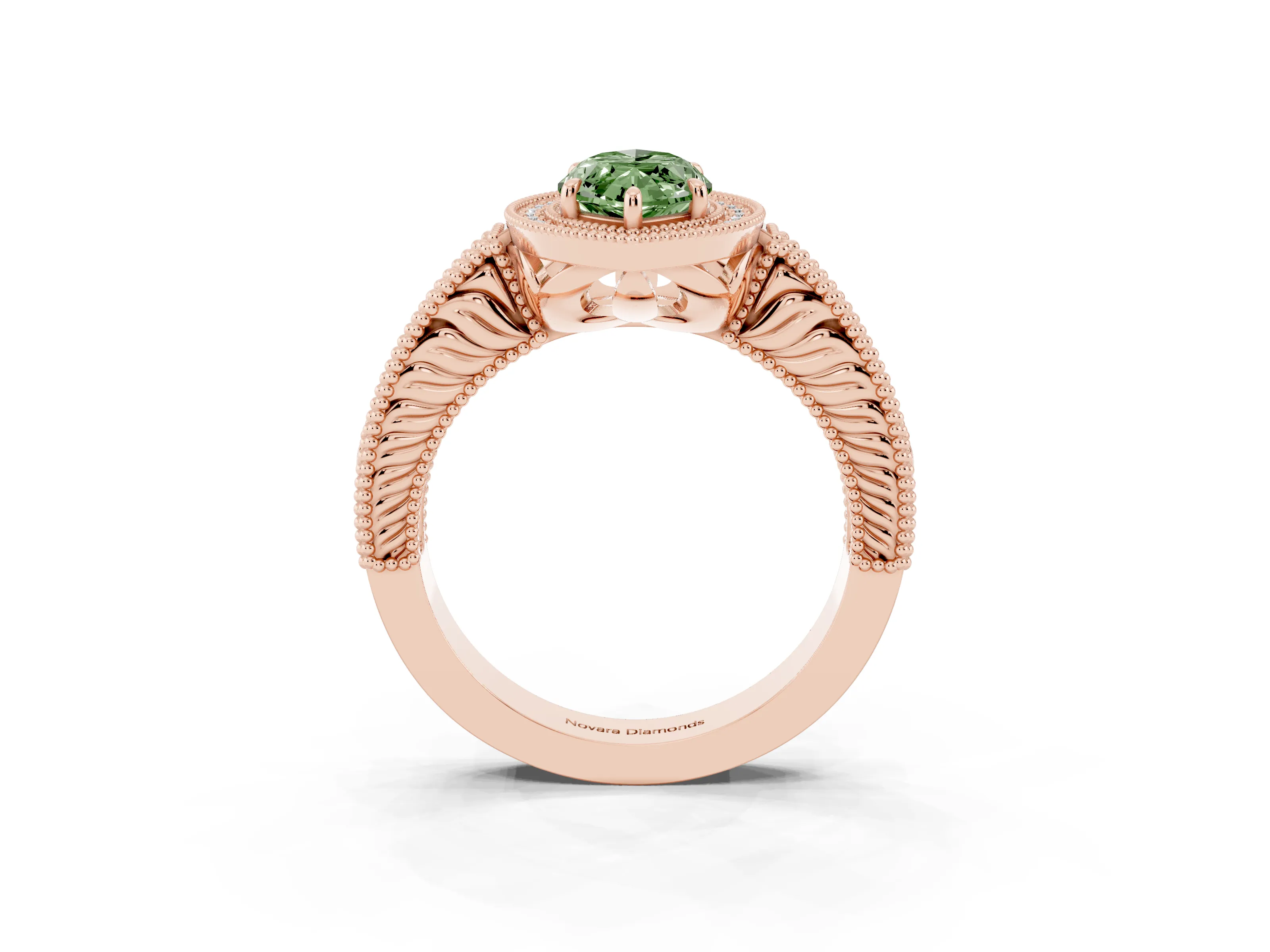 Fancy Green Marquise Cut Diamond Halo Ring Set in Rose gold with Round Accent Halo, Pavé Band and Prong Setting