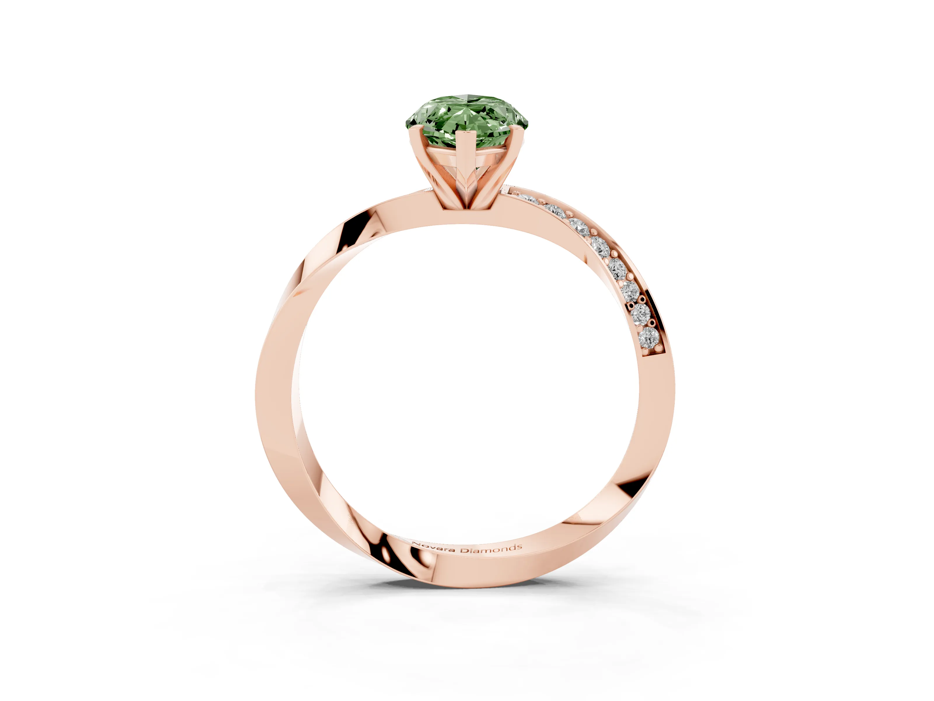 Fancy Green Marquise Cut Diamond Engagement Ring Set in Rose gold with Side Stone Accents and Prong Setting