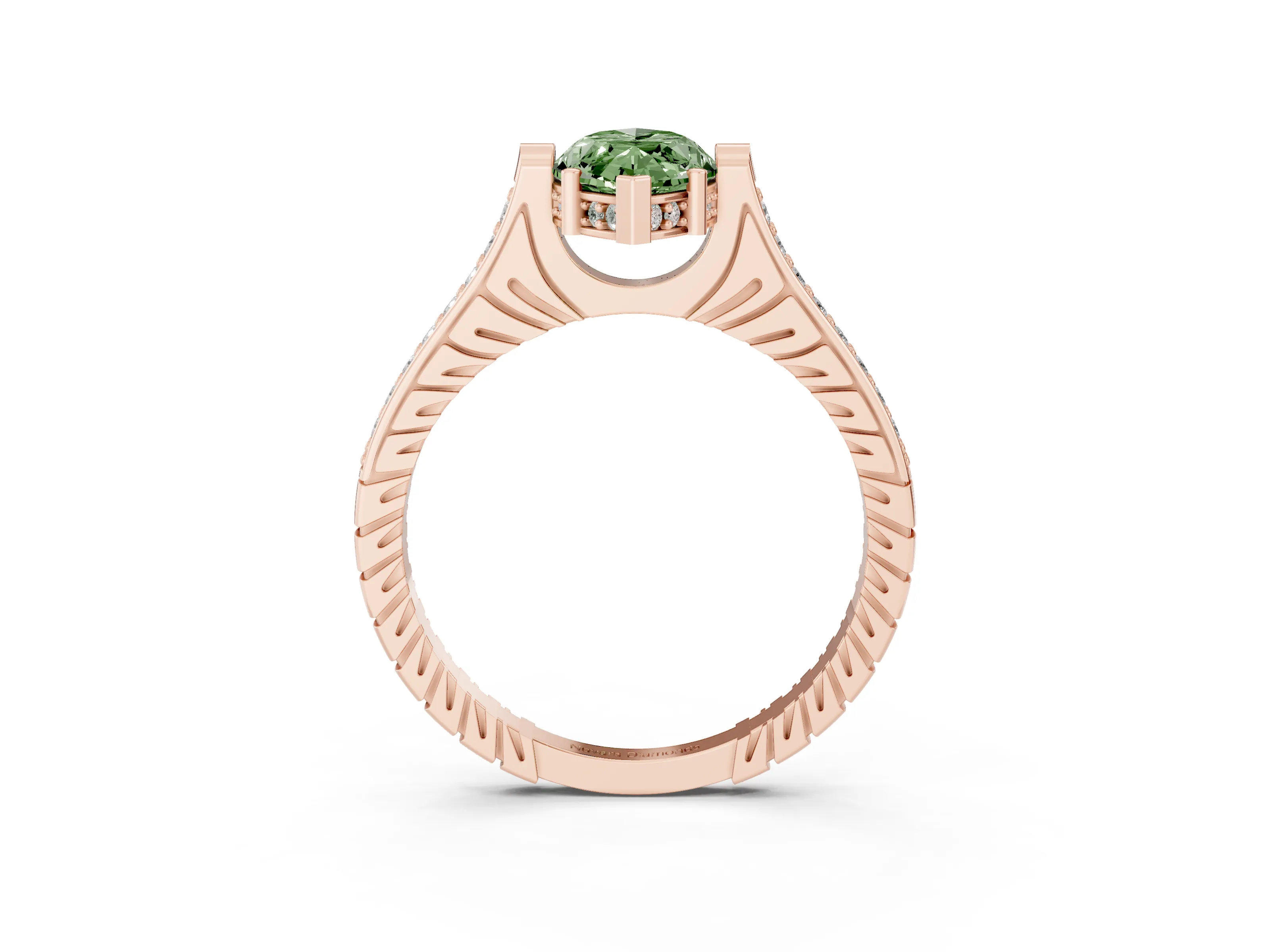Fancy Green Marquise Cut Diamond Solitaire Ring Set in Rose gold with Channel Set Band and Bezel Prong Setting