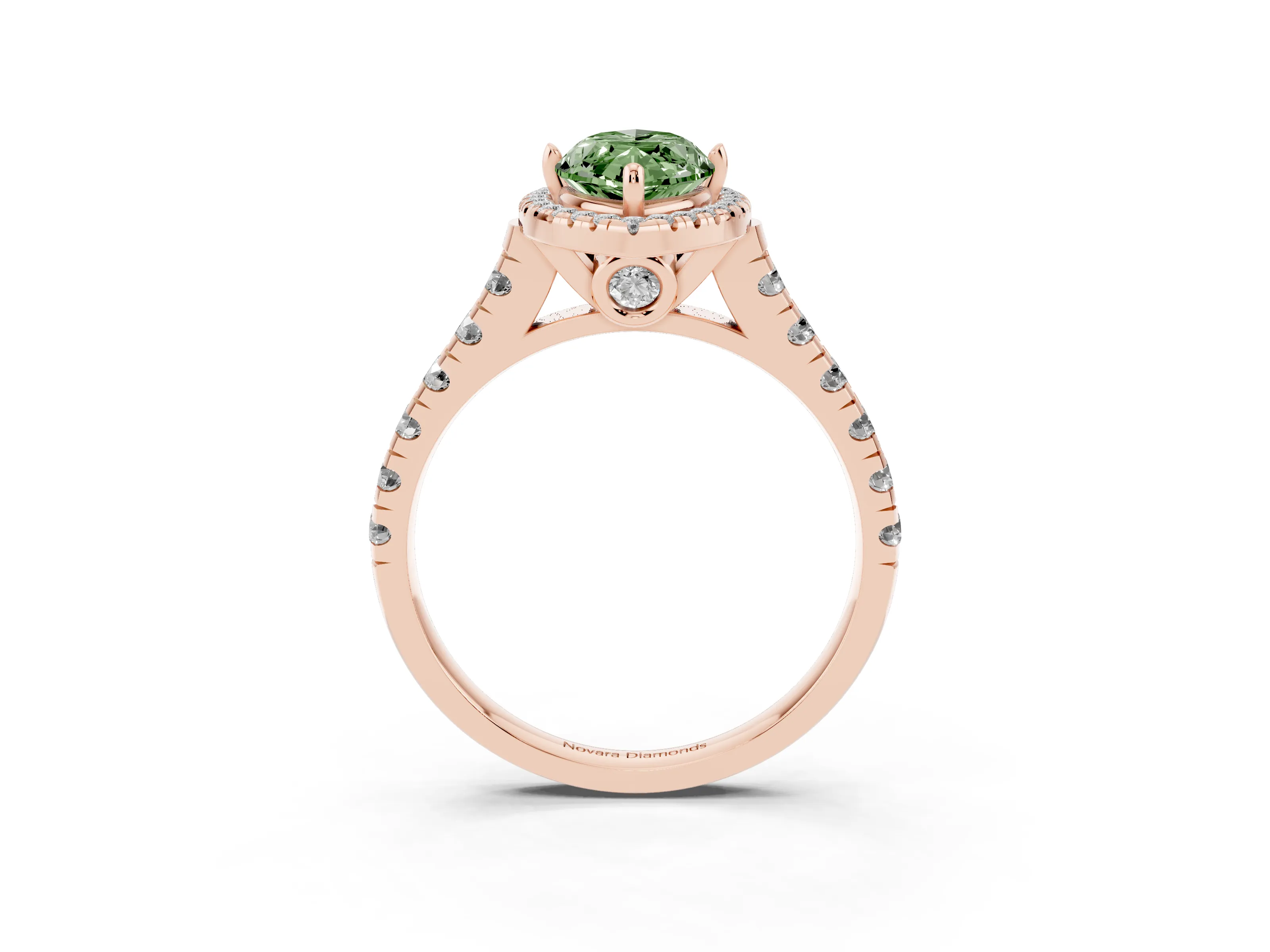 Fancy Green Marquise Cut Diamond Halo Engagement Ring Set in Rose gold with Pavé Band and Prong-Set Center