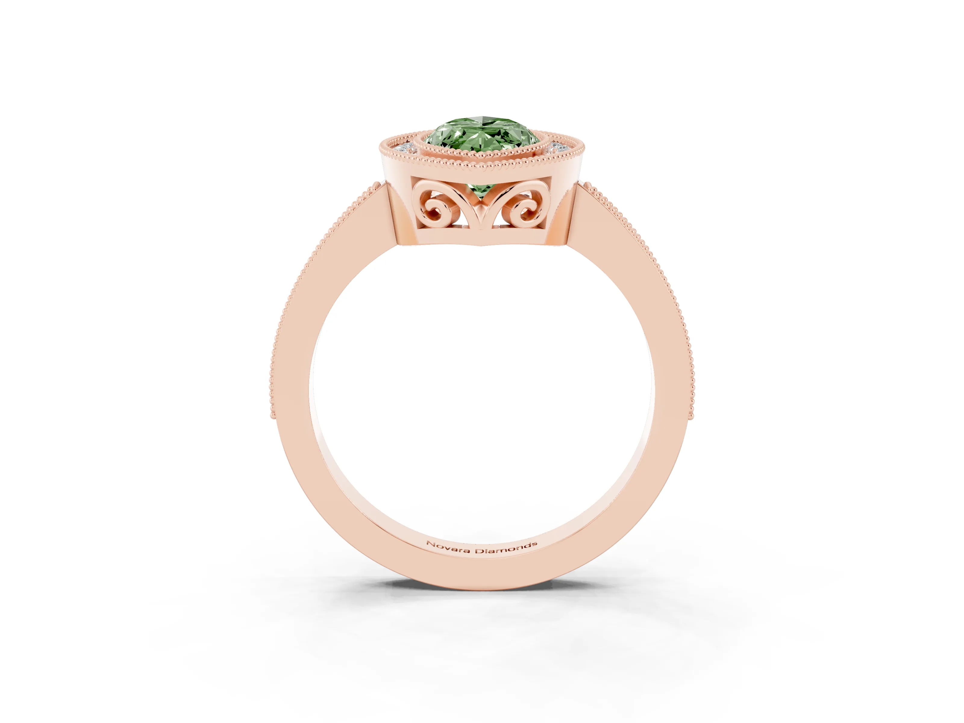 Fancy Green Marquise Cut Diamond Halo Ring Set in Rose gold with Pavé Band and Milgrain-Edged Prongs