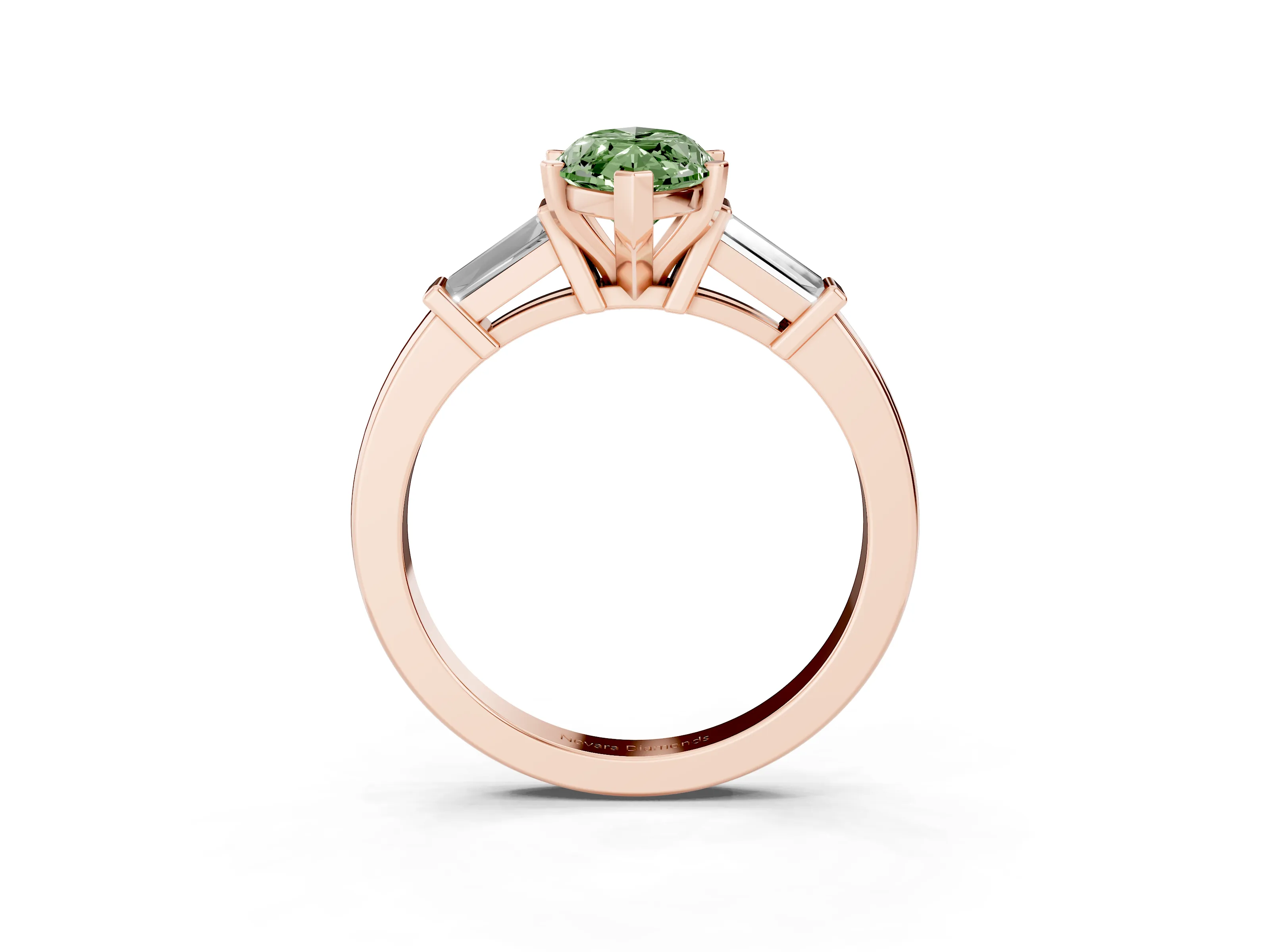 Fancy Green Marquise Cut Diamond Solitaire Ring Set in Rose gold with Tapered Baguette Accents and Prong Setting