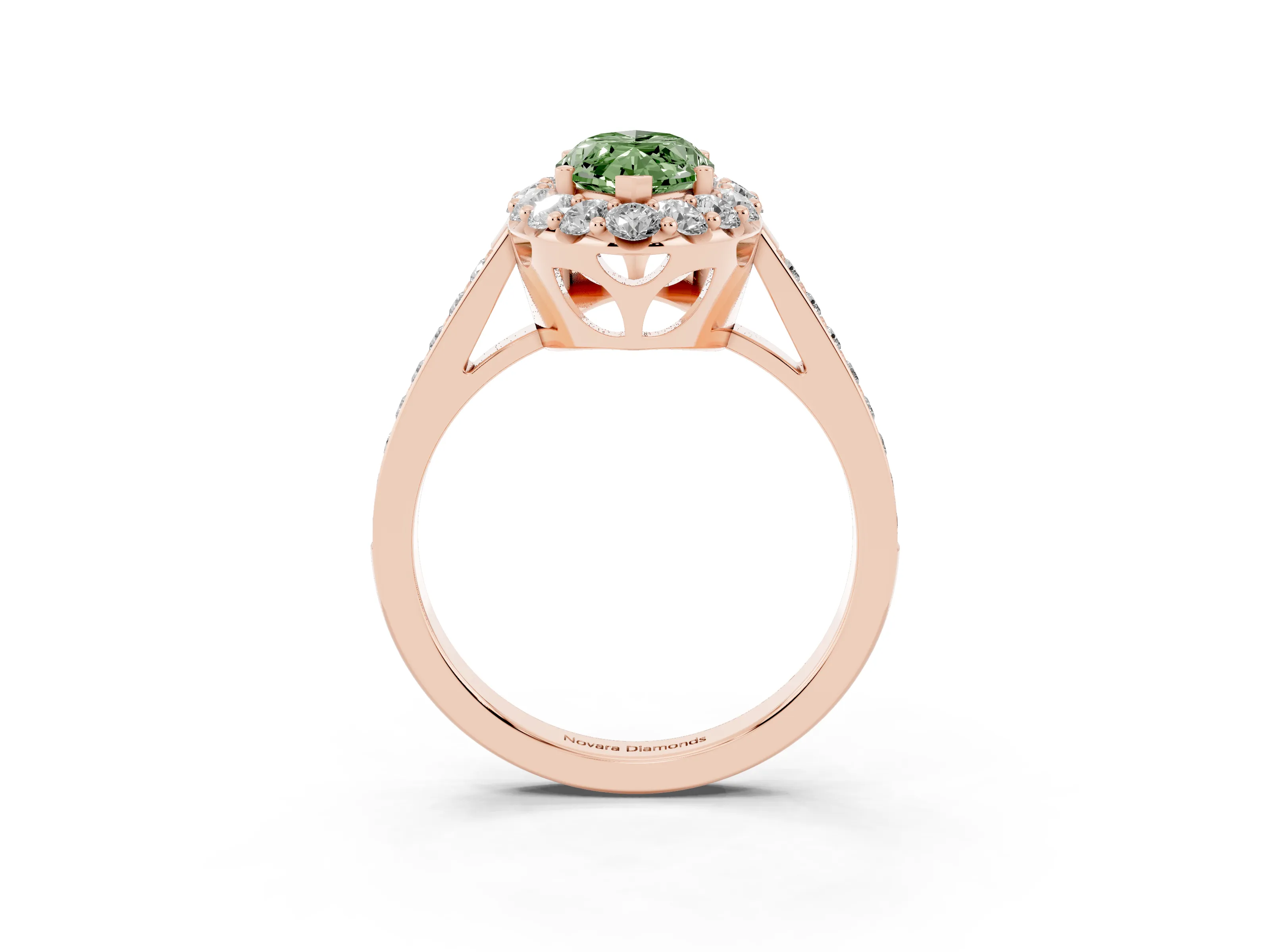 Fancy Green Marquise Cut Diamond Floral Halo Ring Set in Rose gold with Pavé Band and Prong Setting