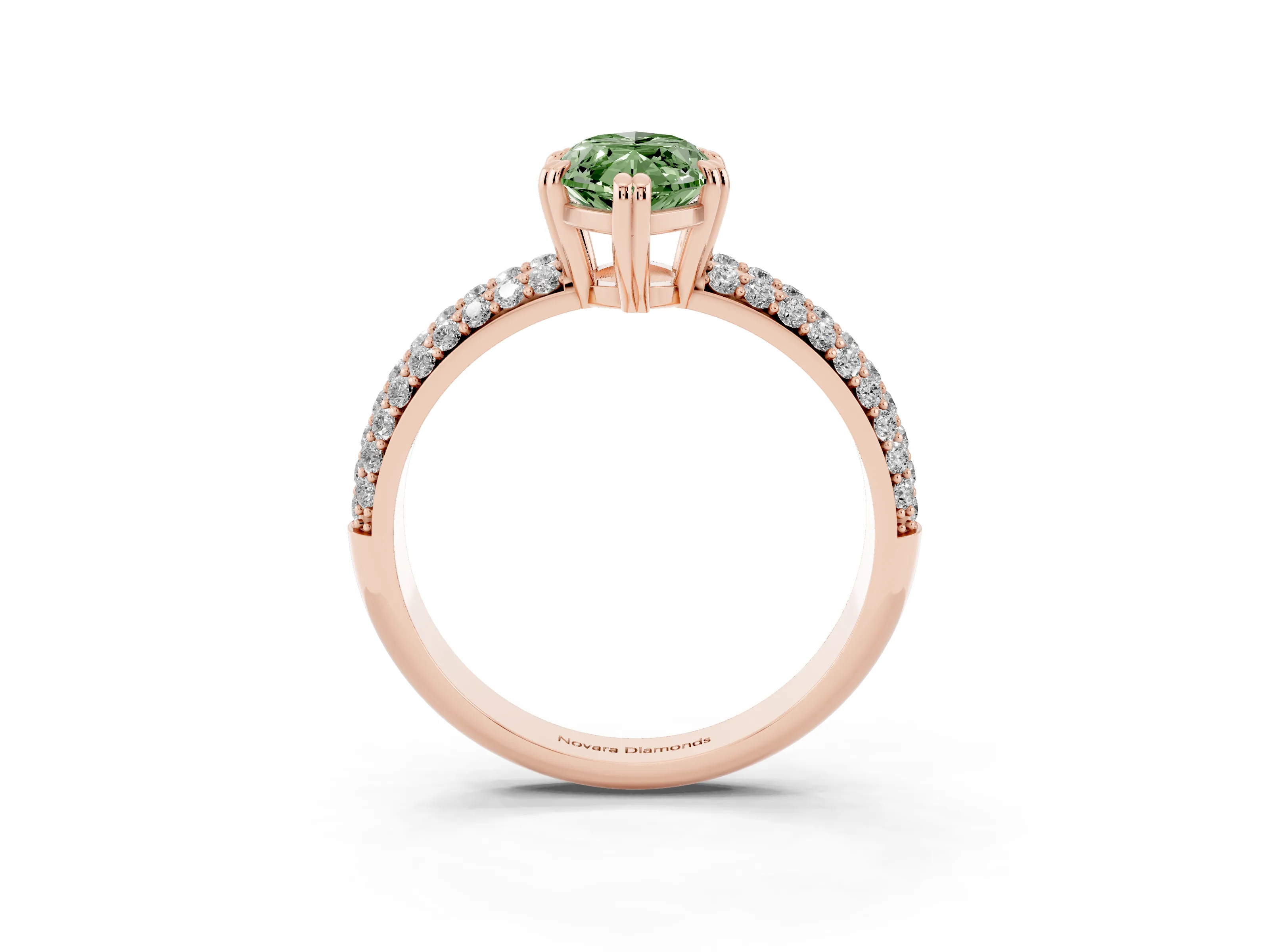 Fancy Green Marquise Cut Diamond Solitaire Ring Set in Rose gold with Multi-Row Round Pavé Band and Prong Setting