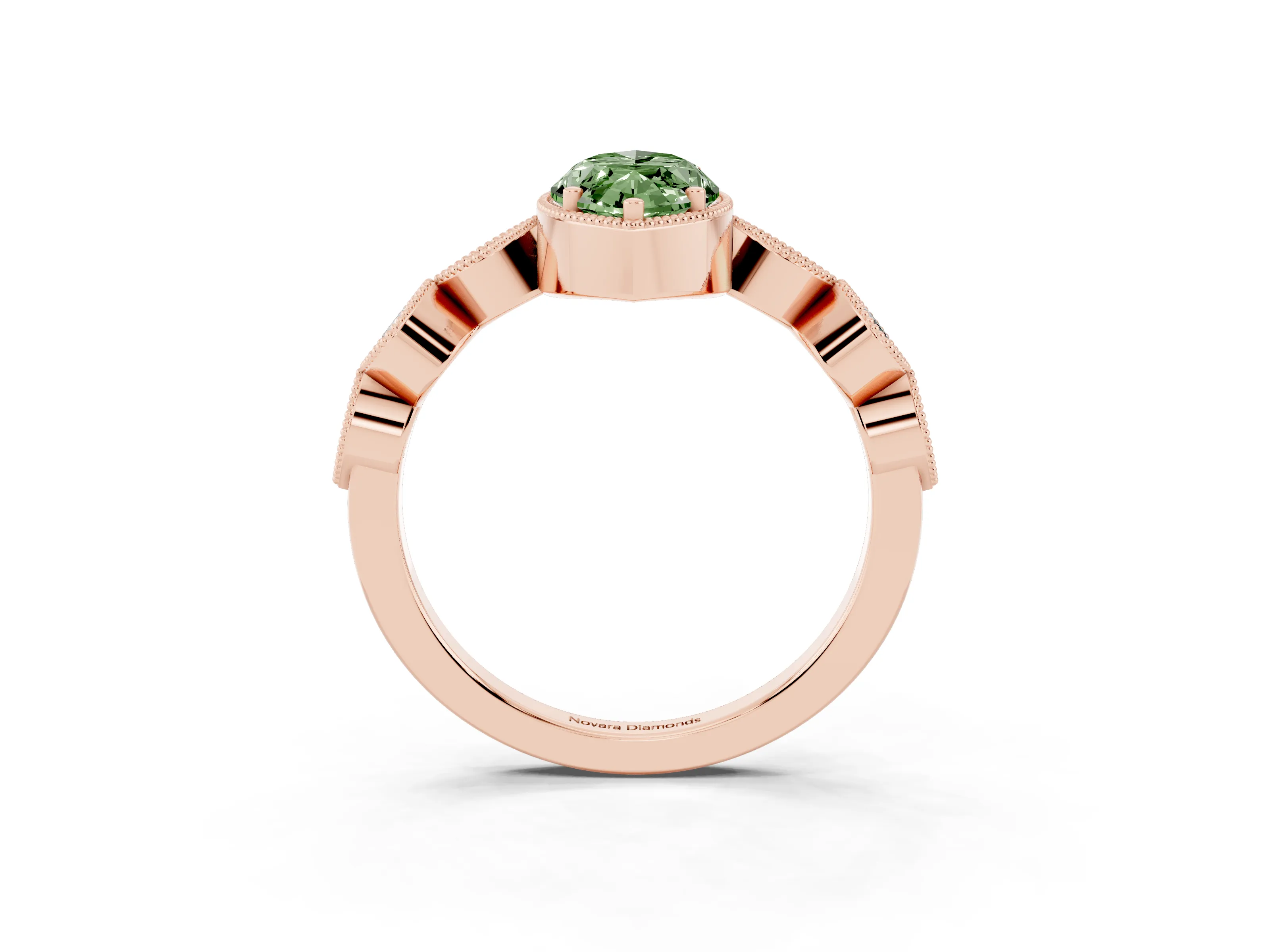 Fancy Green Marquise Cut Diamond Vintage-Inspired Milgrain Ring Set in Rose gold with Marquise Stations of Round Accents