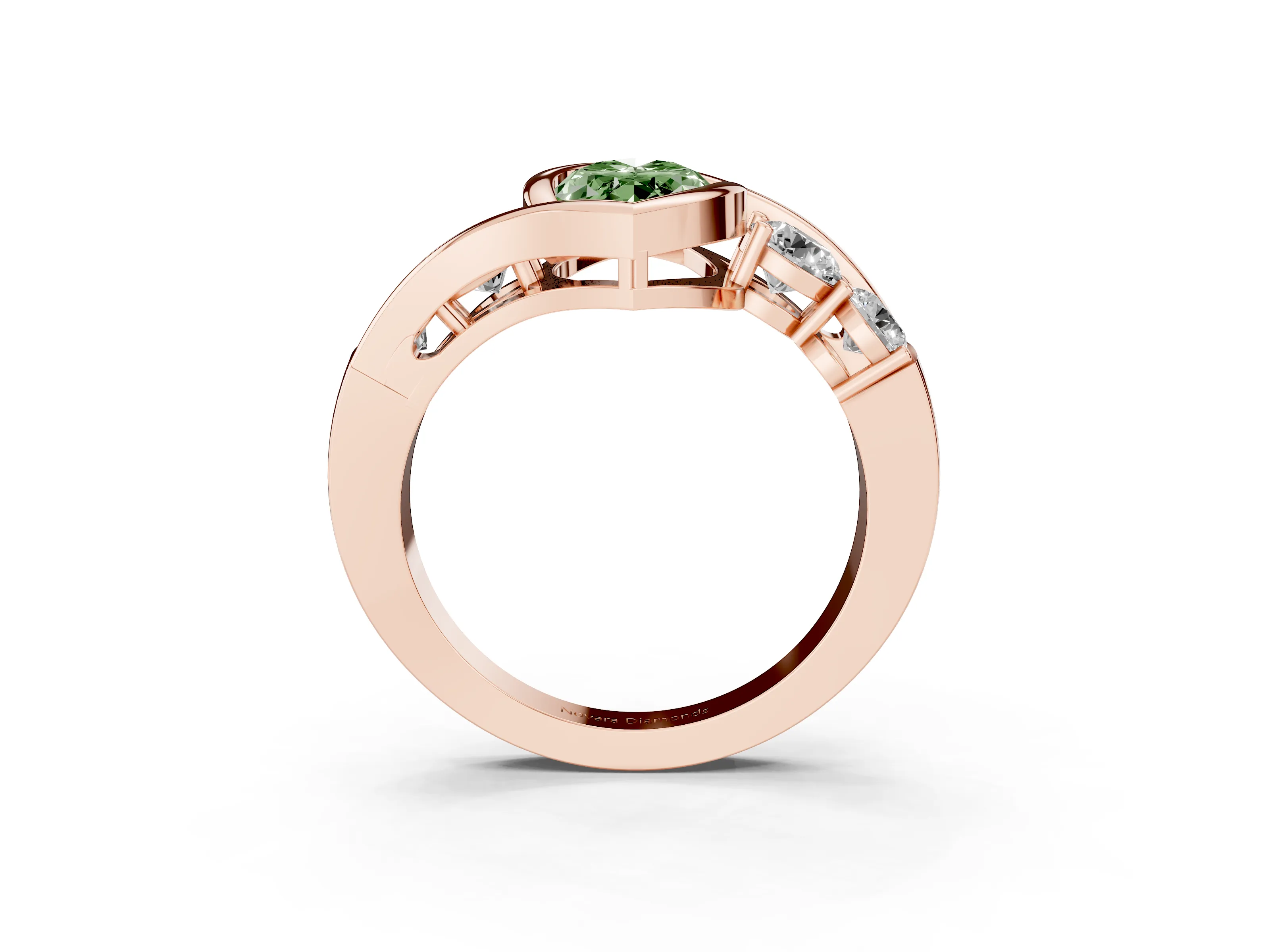 Fancy Green Marquise Cut Diamond Bezel Bypass Ring Set in Rose gold with Round Accents