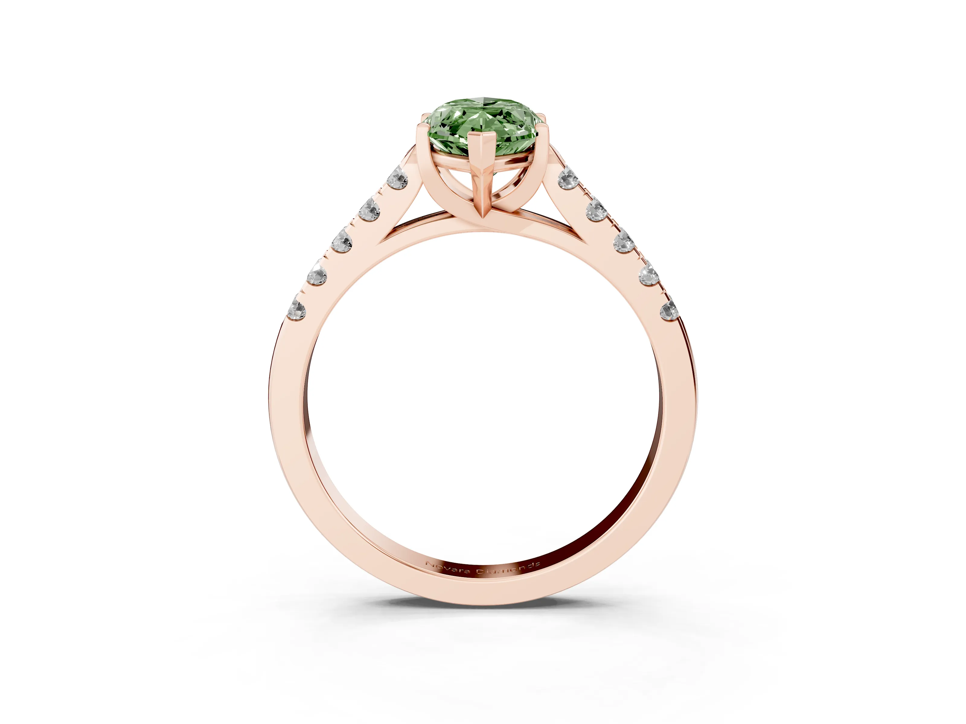 Fancy Green Marquise Cut Diamond Pavé Band Solitaire Ring Set in Rose gold with Partway Accent Stones and Prong Setting