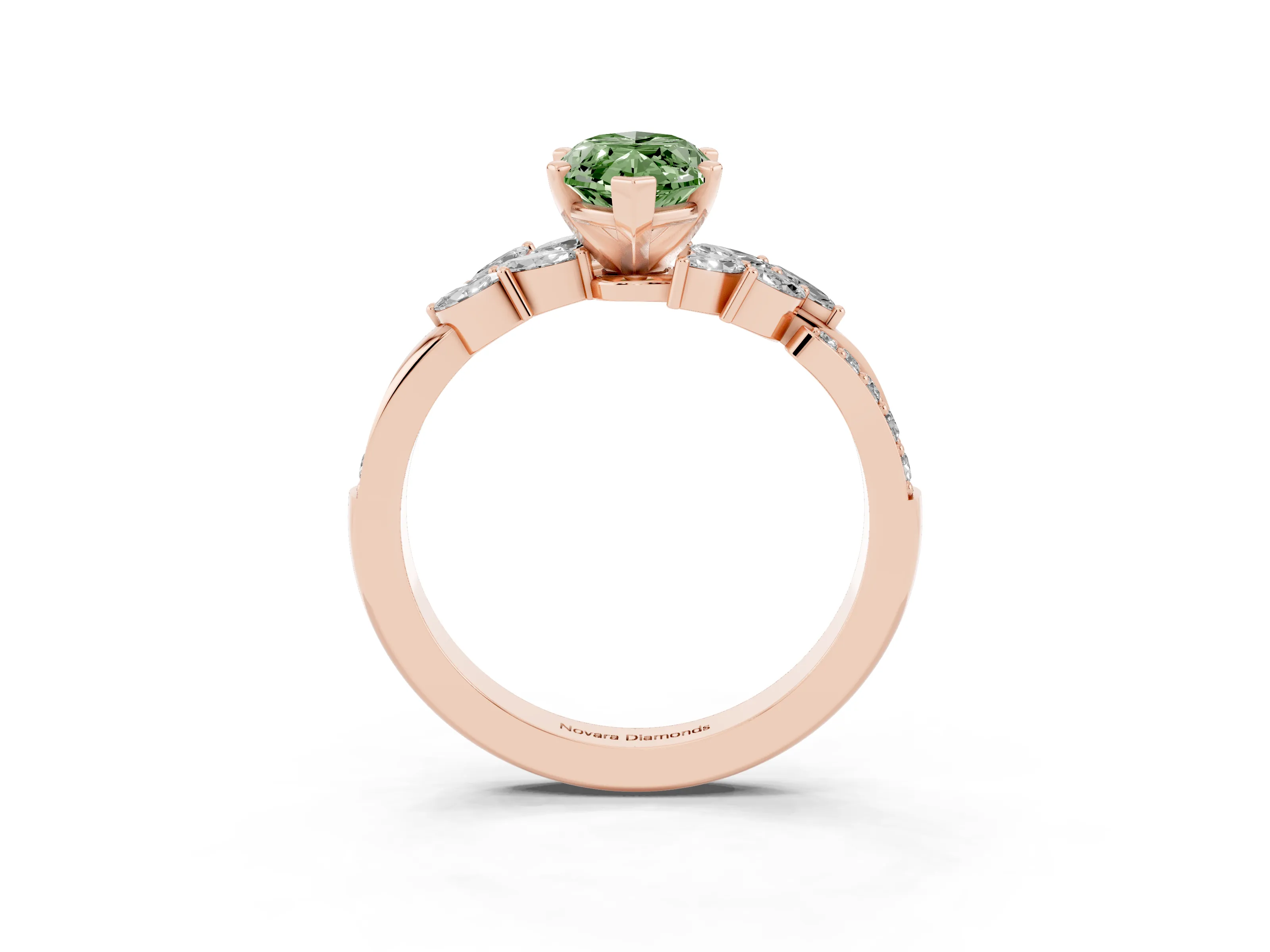 Fancy Green Marquise Cut Diamond Solitaire Ring Set in Rose gold with Marquise Twist Band and Prong Setting